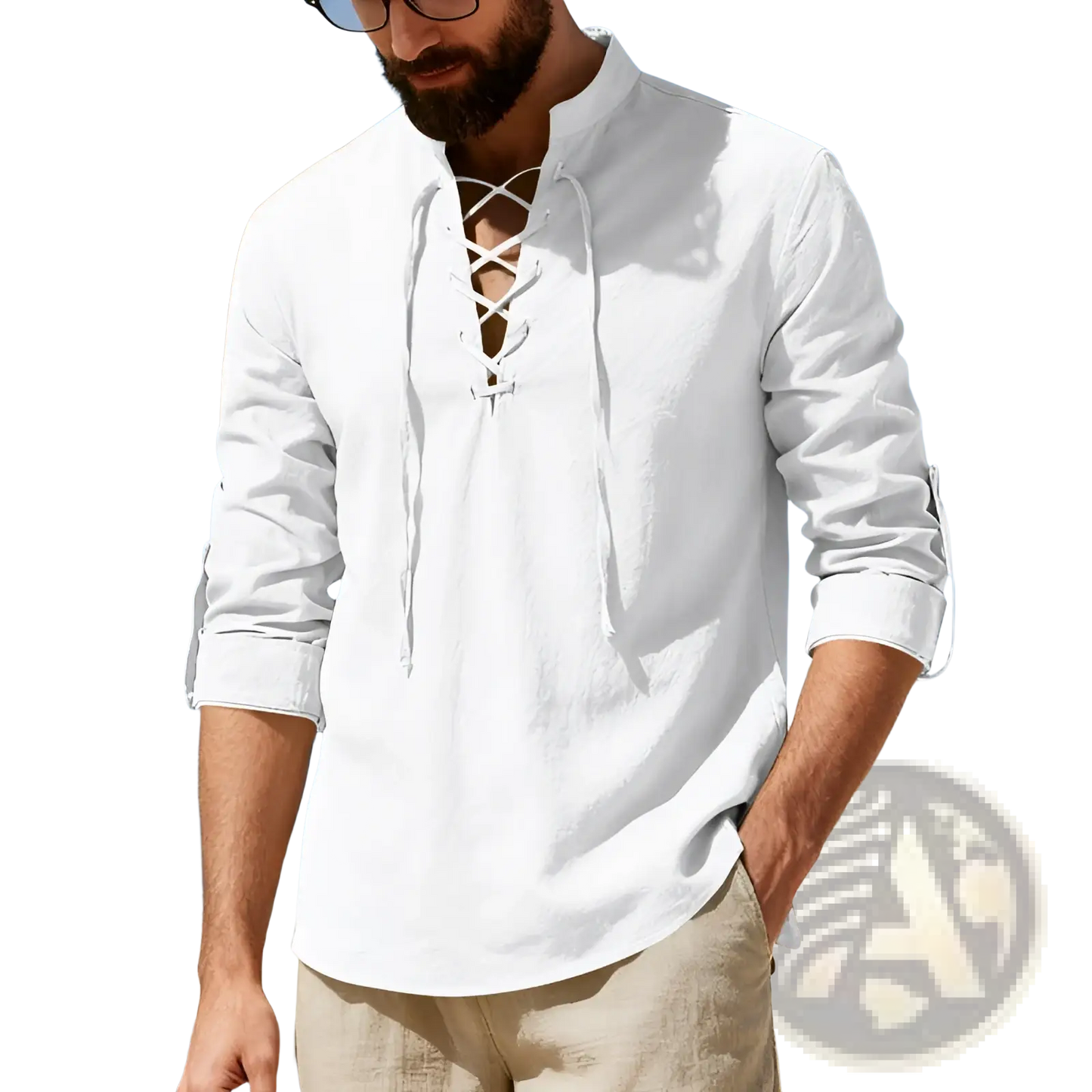 Men's Lace Up Linen Henley Shirt with Roll Up Sleeves