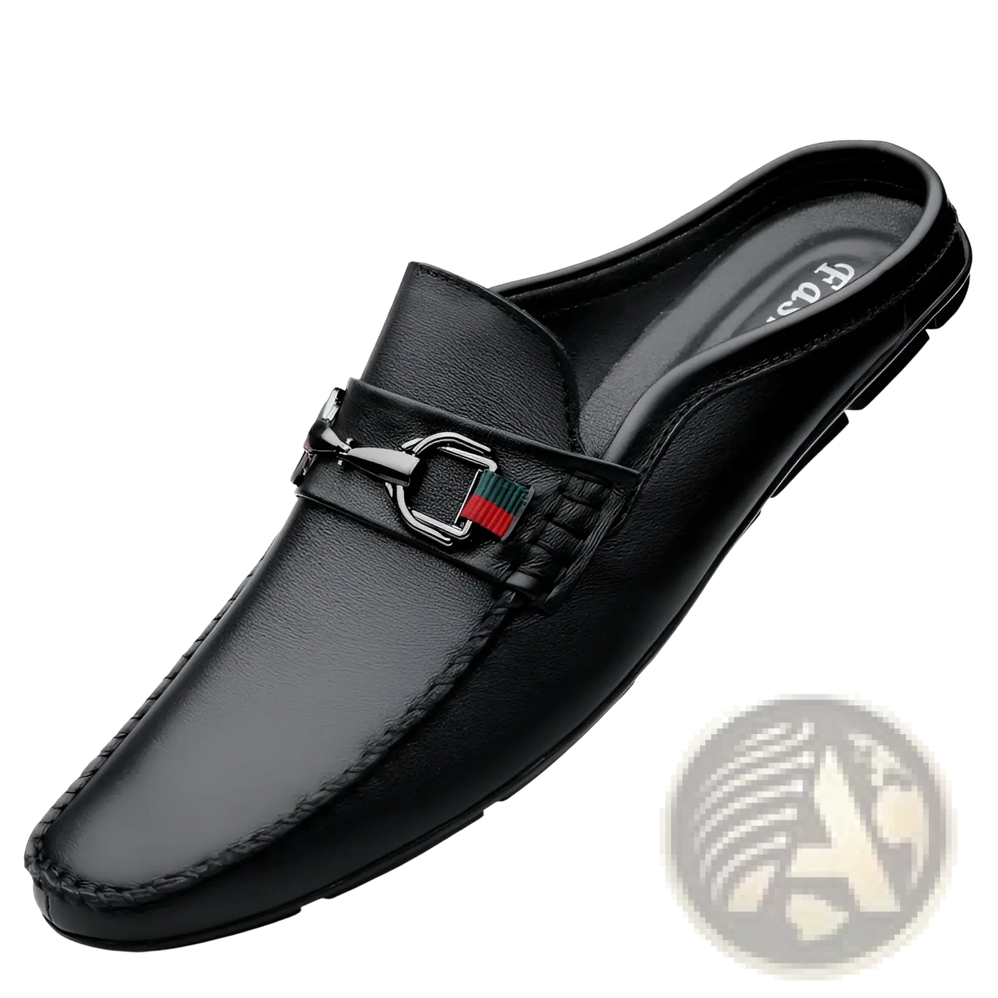 Men's Leather Mule Loafers with Woven Buckle Accent