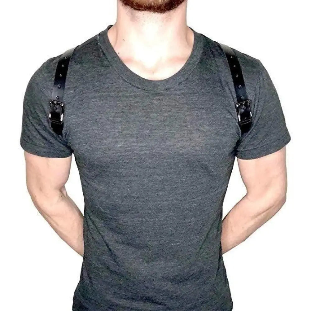 Men's Adjustable Black Leather Shoulder Strap with Silver Studs