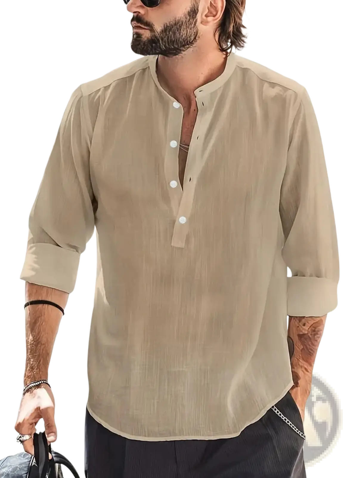 Men's Lightweight Mandarin Collar Linen and Cotton Shirt