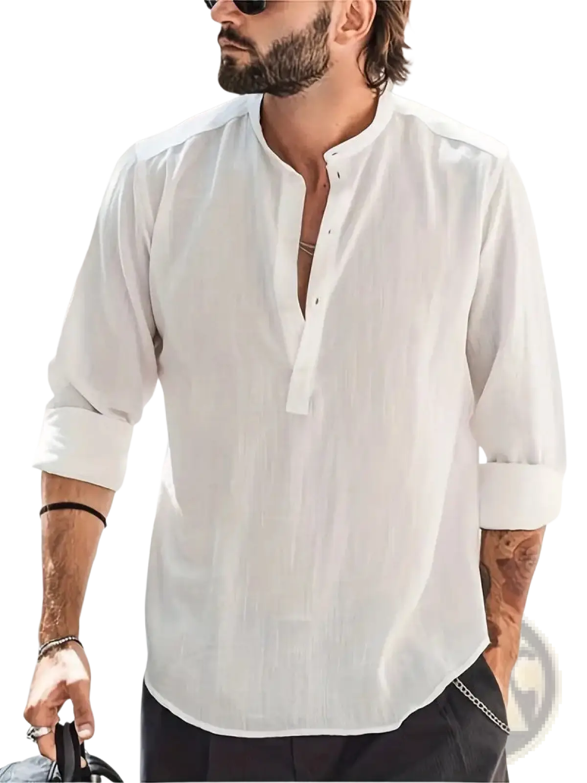 Men's Lightweight Mandarin Collar Linen and Cotton Shirt
