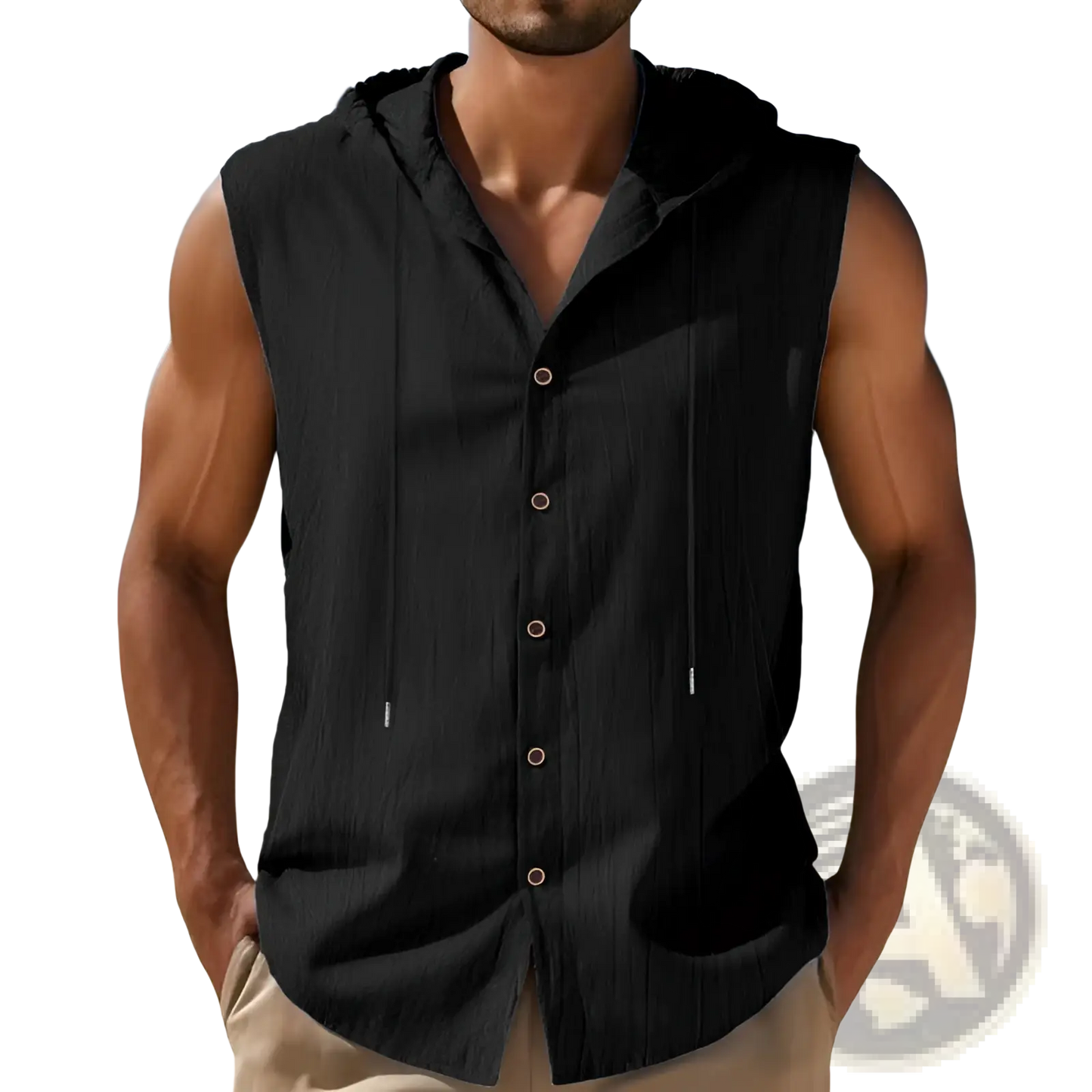 Men's Linen Blend Sleeveless Hooded Button Up Shirt
