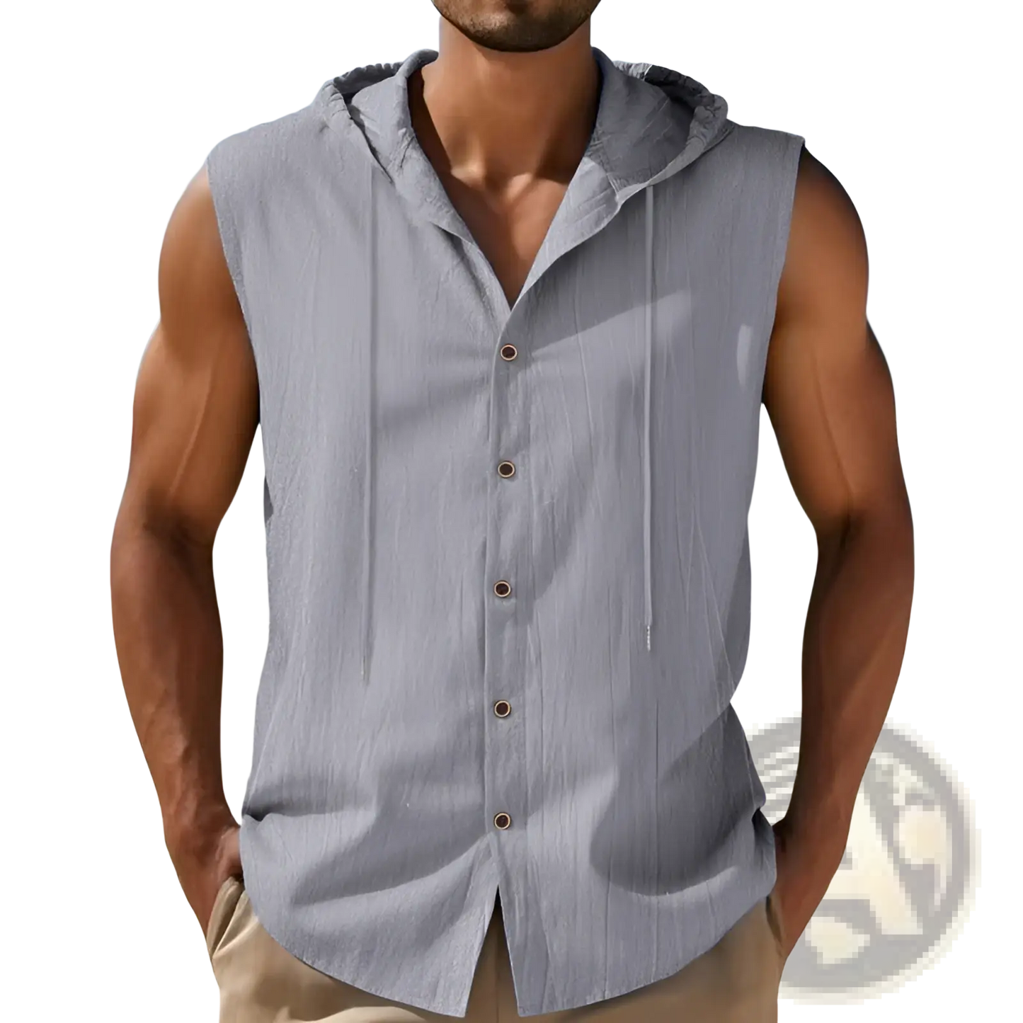 Men's Linen Blend Sleeveless Hooded Button Up Shirt