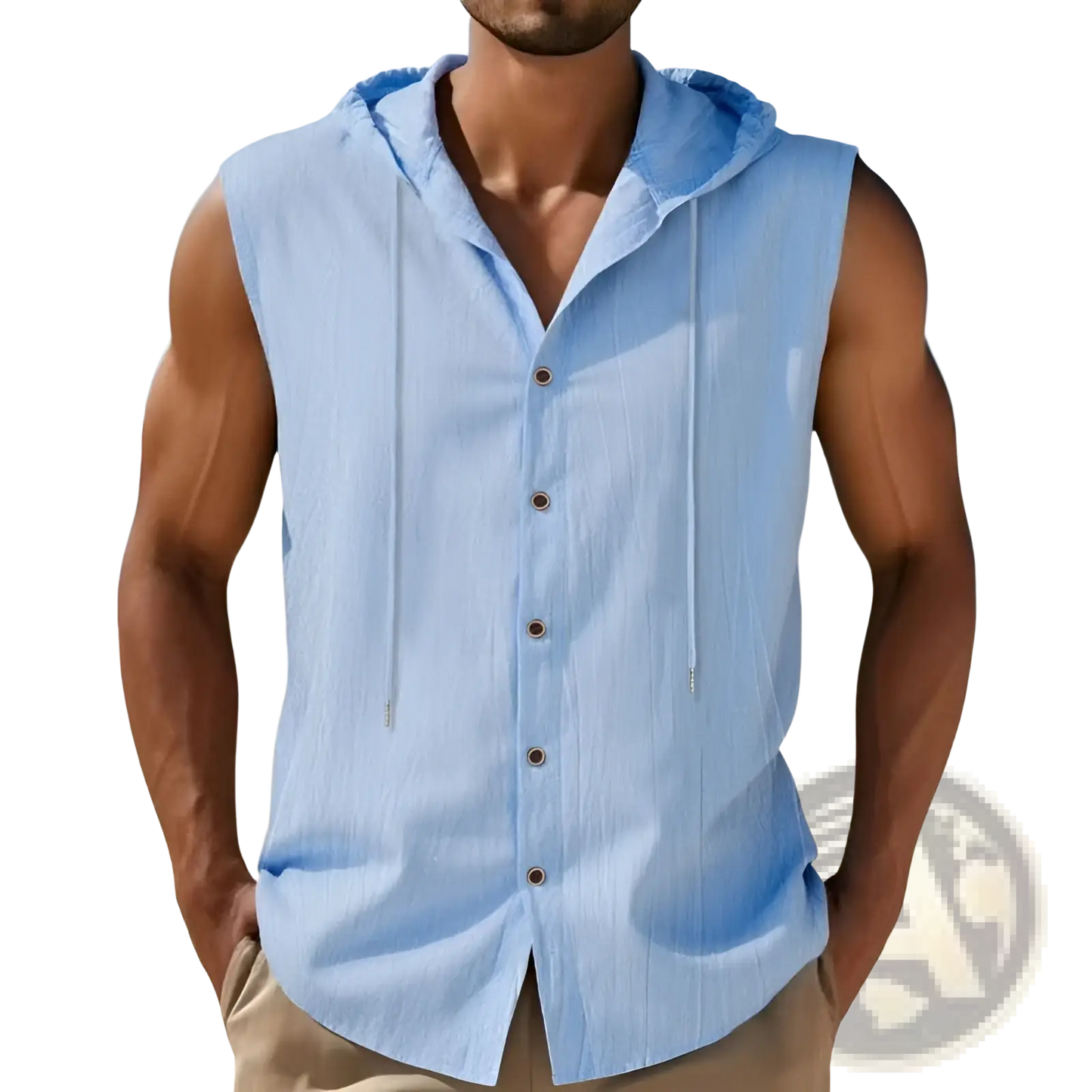Men's Linen Blend Sleeveless Hooded Button Up Shirt