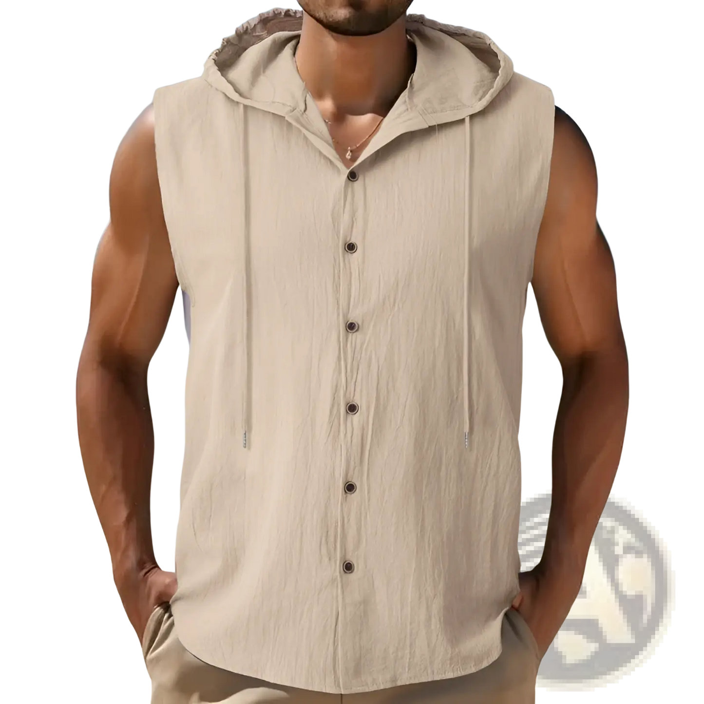 Men's Linen Blend Sleeveless Hooded Button Up Shirt