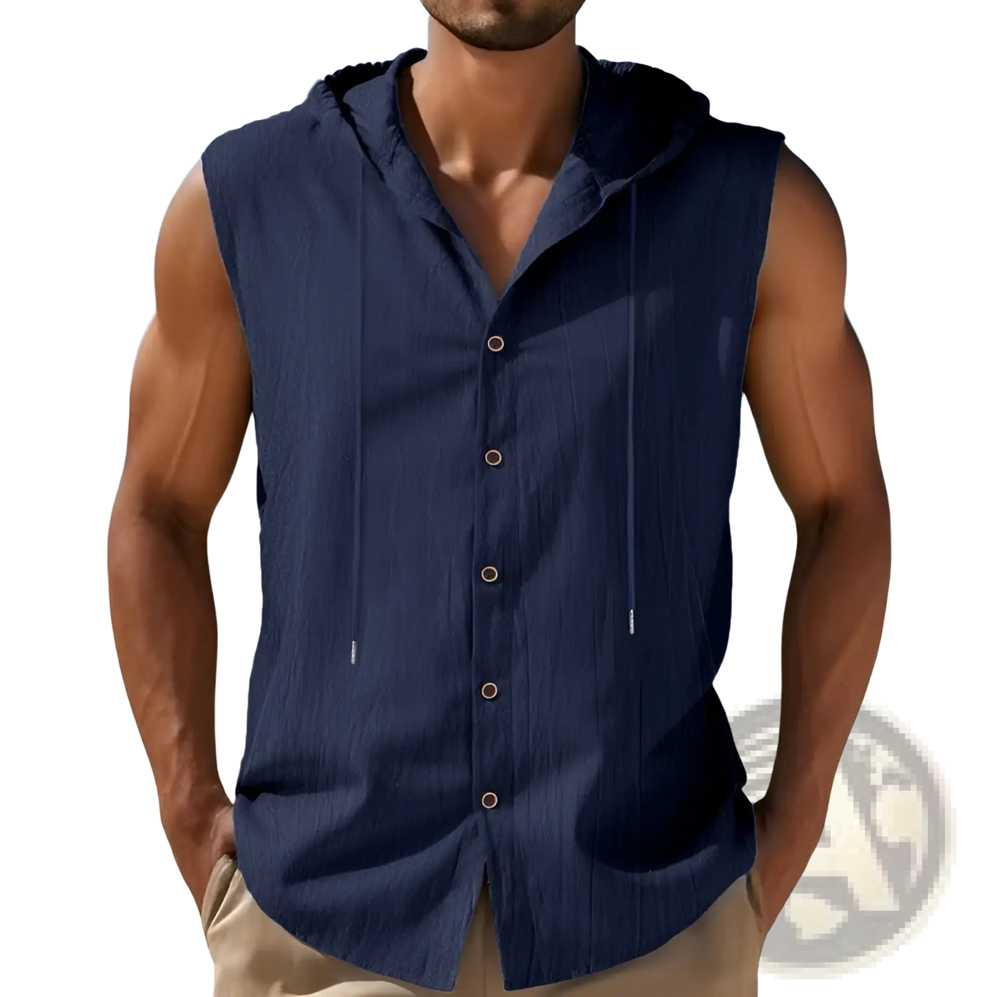 Men's Linen Blend Sleeveless Hooded Button Up Shirt