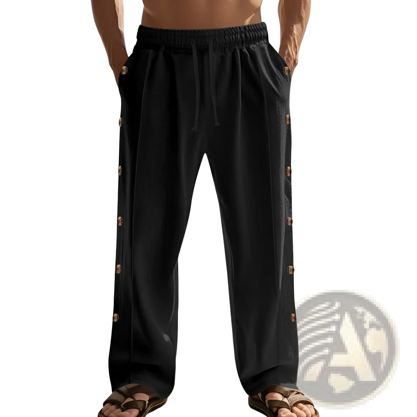 Men's Linen Straight Leg Pants with Side Button Detail