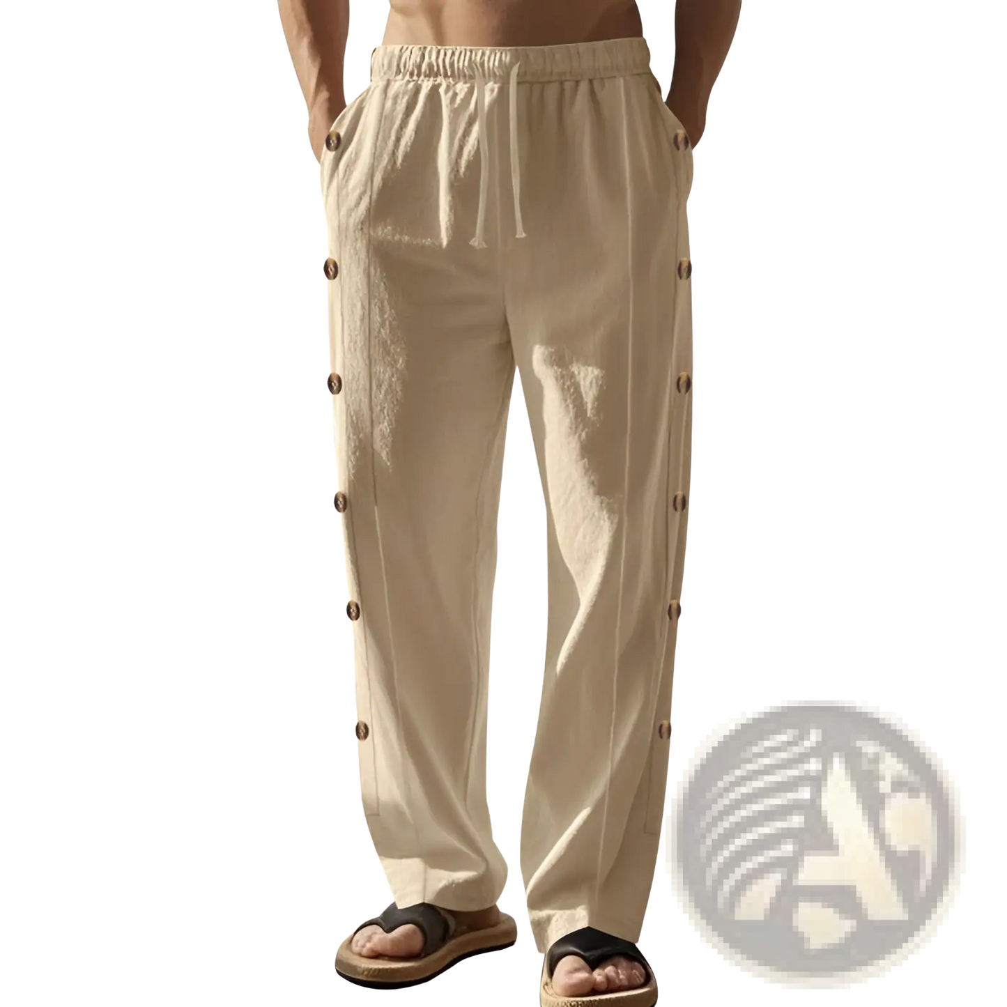 Men's Linen Straight Leg Pants with Side Button Detail