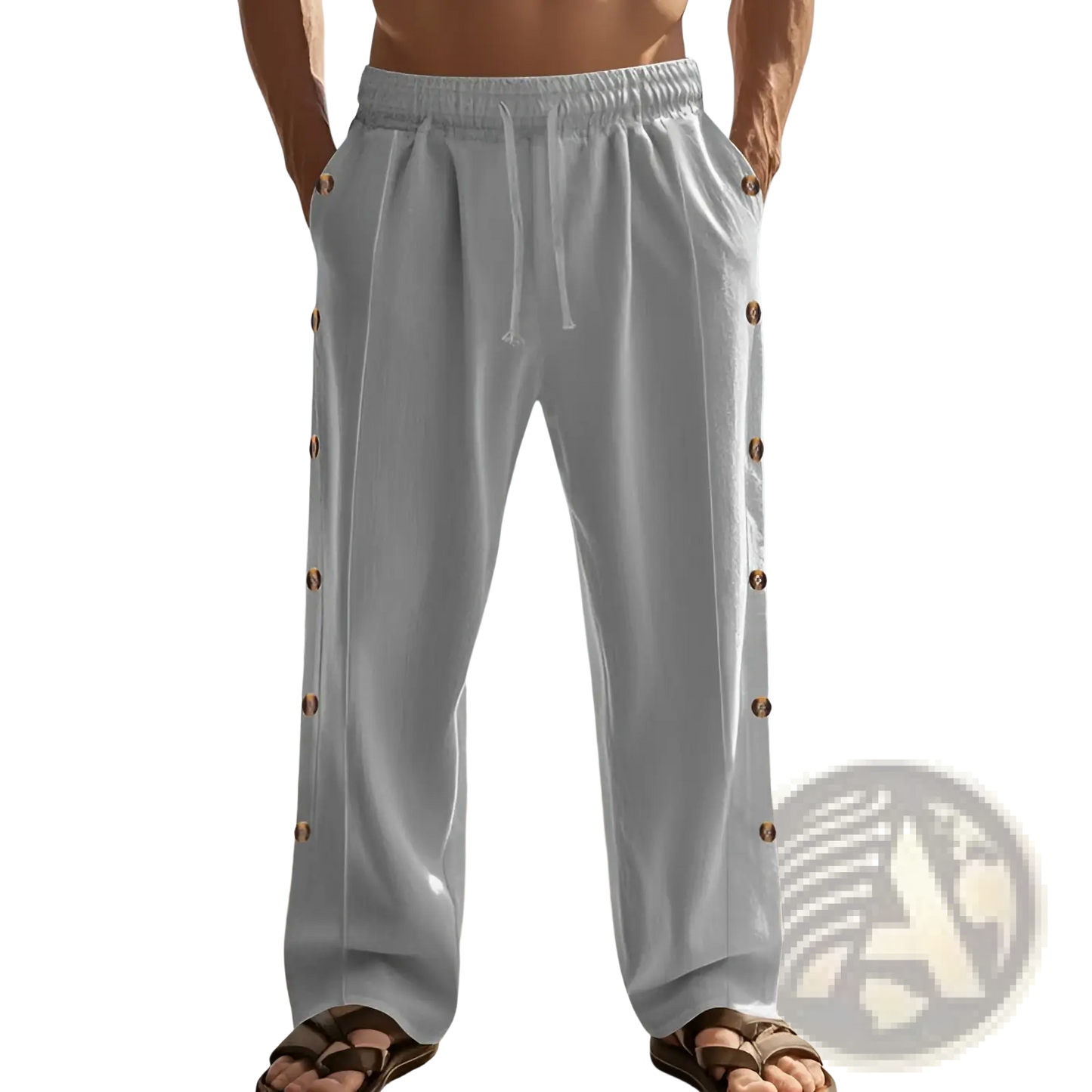Men's Linen Straight Leg Pants with Side Button Detail