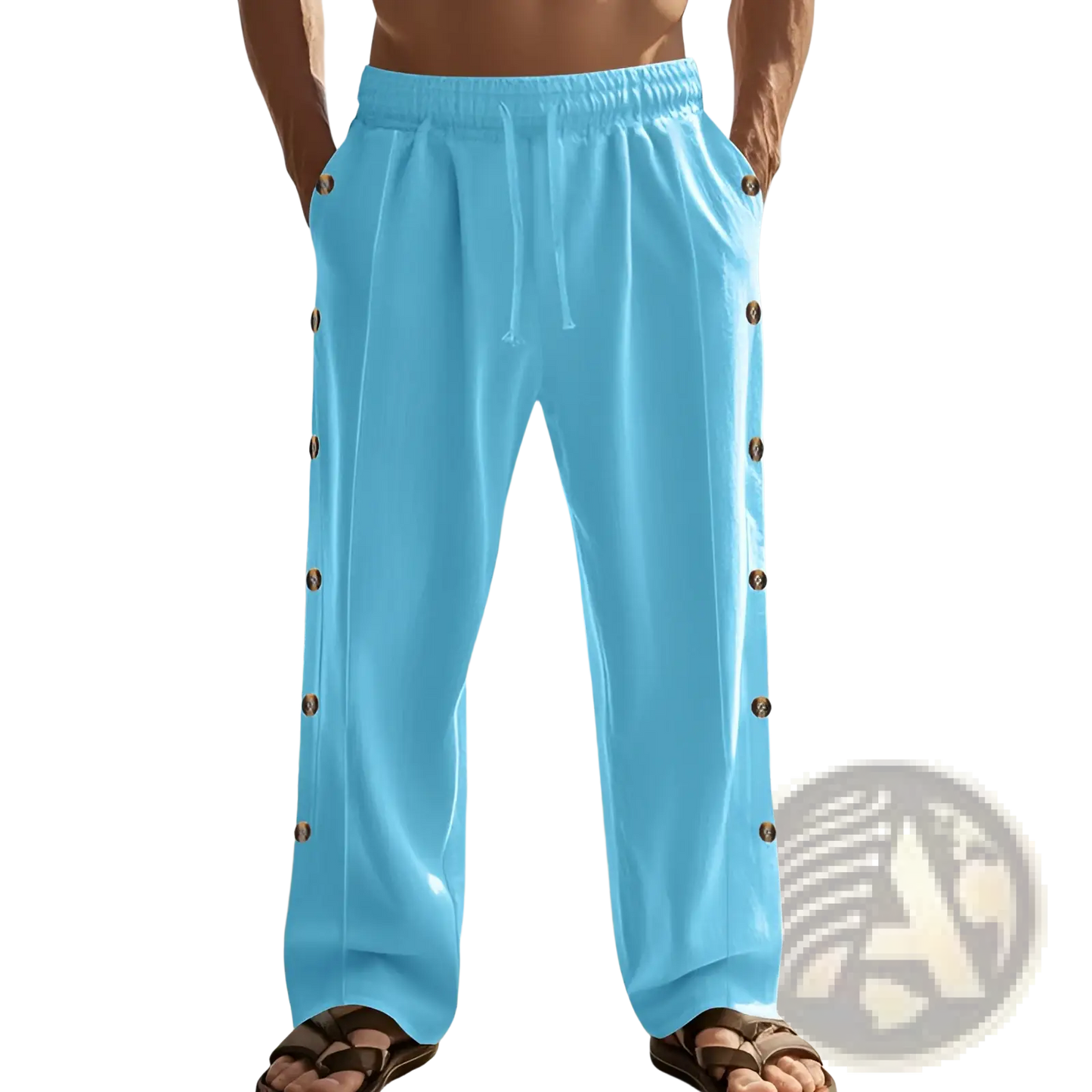 Men's Linen Straight Leg Pants with Side Button Detail