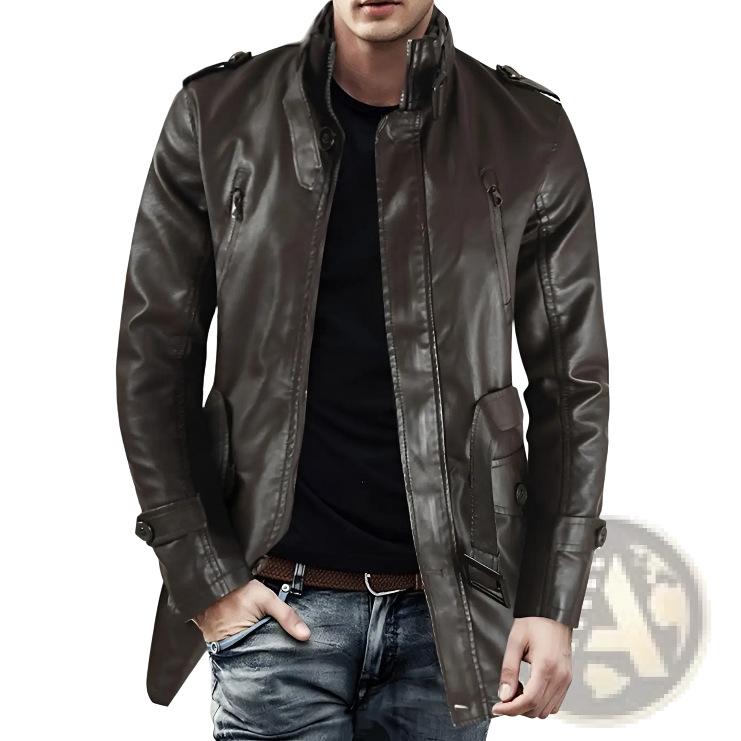 Men's Mid-length Fleece Lined Faux Leather Coat