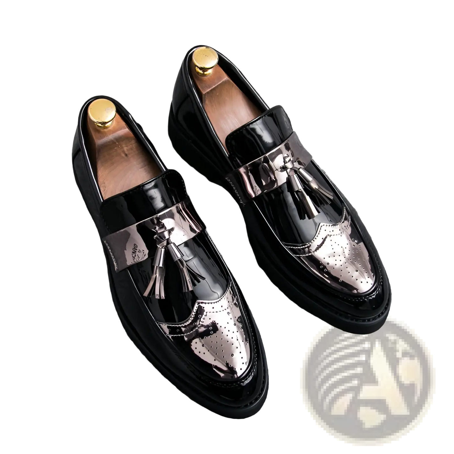 Men's Patent Leather Tassel Loafers with Metallic Strap