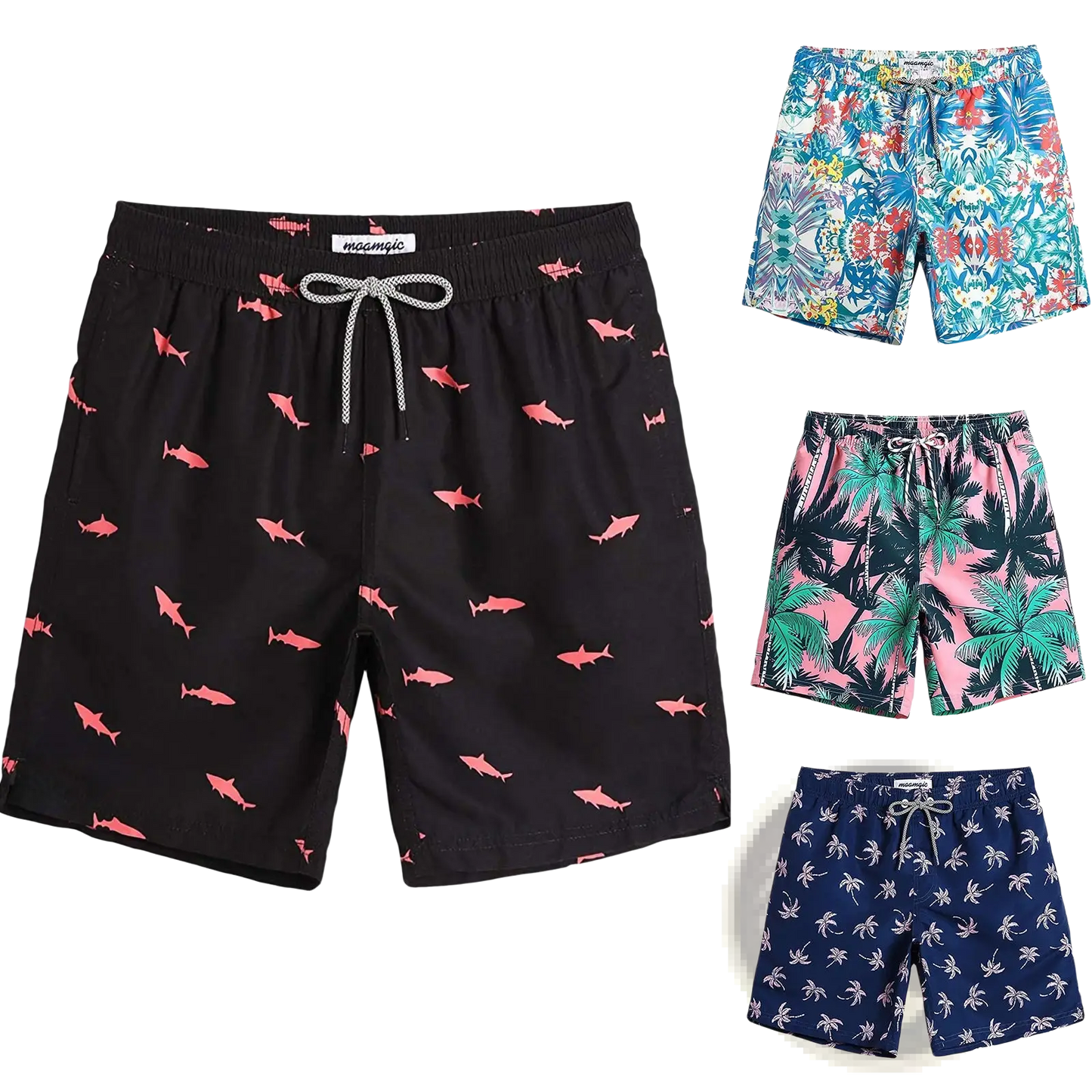 Men's Pink Shark Print Quick Dry Swim Trunks