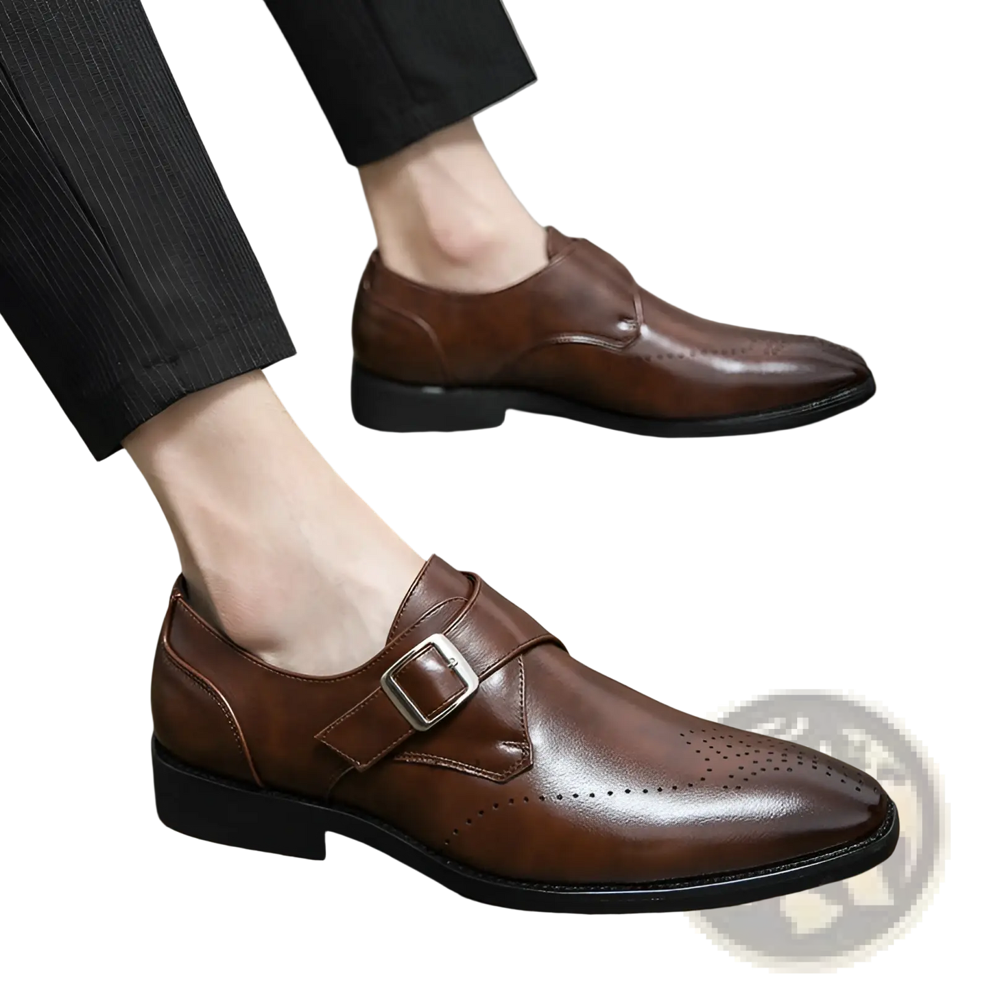 Men's Polished Leather Monk Strap Perforated Dress Shoes