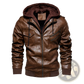 Men's Pu Leather Hooded Jacket with Ribbed Cuffs