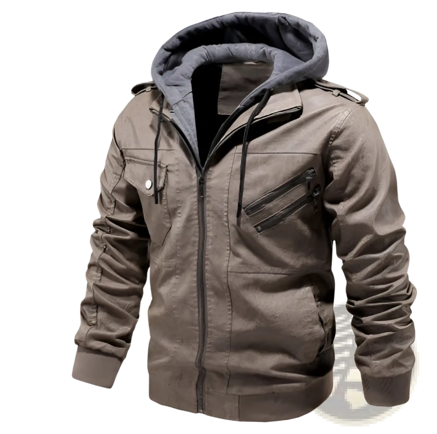 Men's Pu Leather Hooded Jacket with Ribbed Cuffs