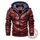 Men's Pu Leather Hooded Jacket with Ribbed Cuffs