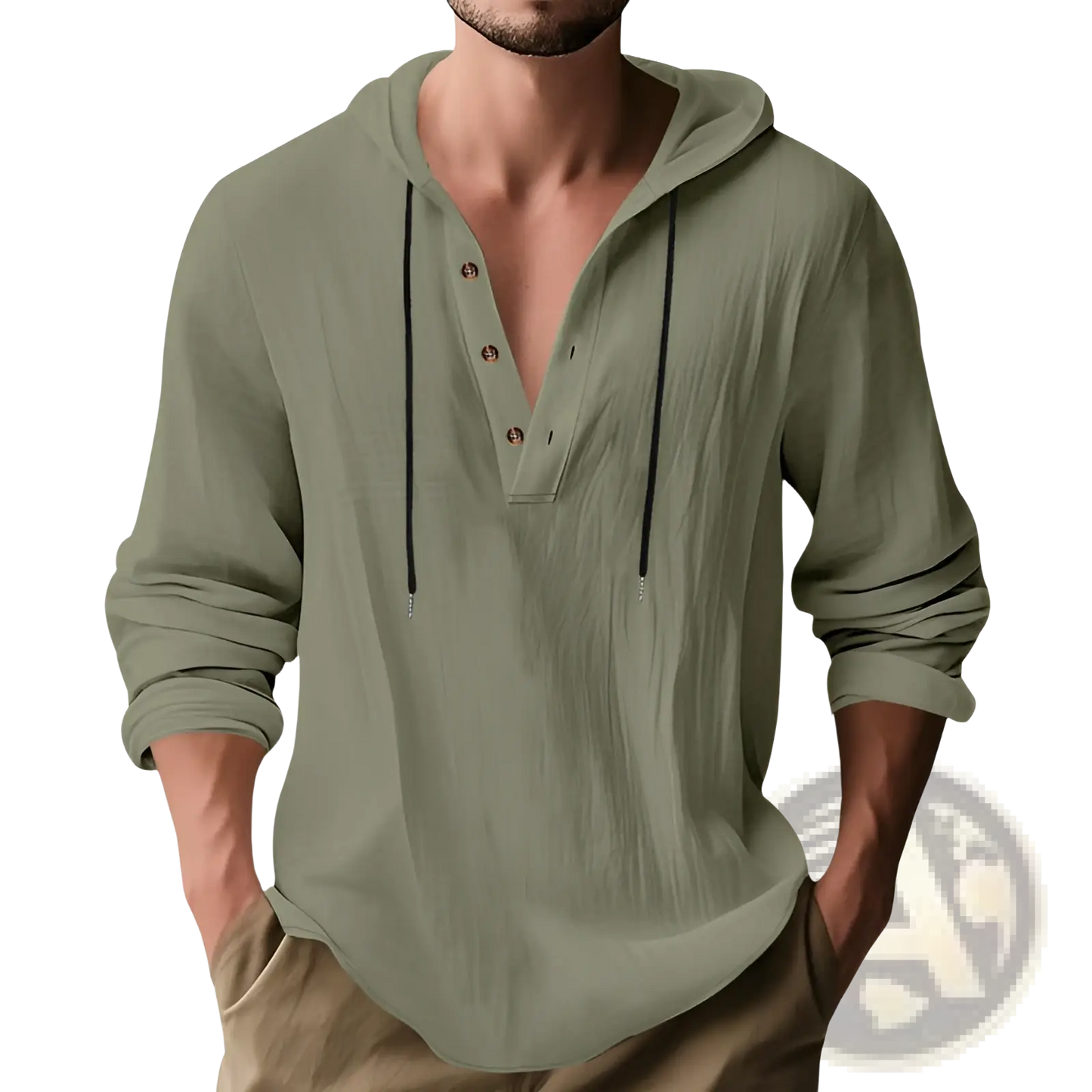 Men's Relaxed Linen Henley Hoodie with Gold Buttons