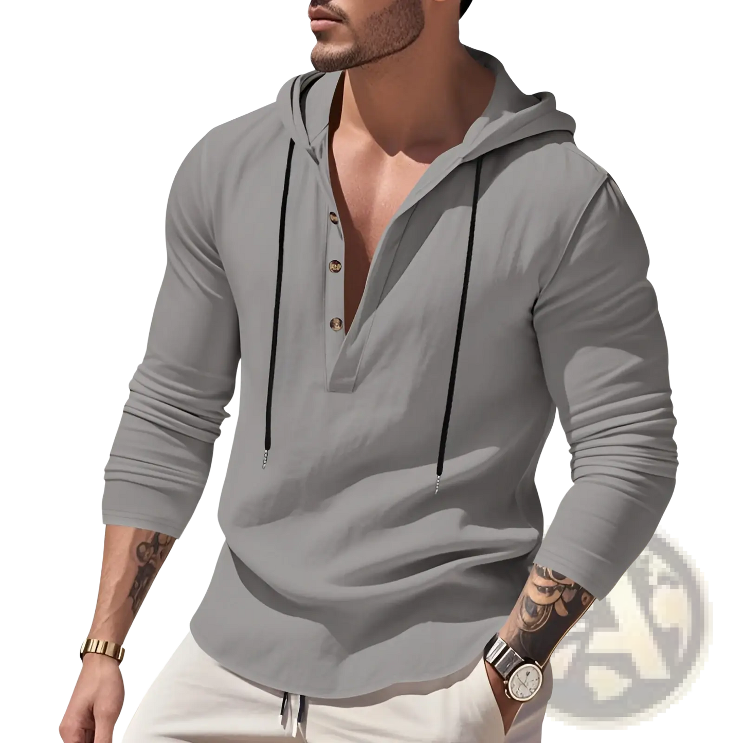 Men's Relaxed Linen Henley Hoodie with Gold Buttons