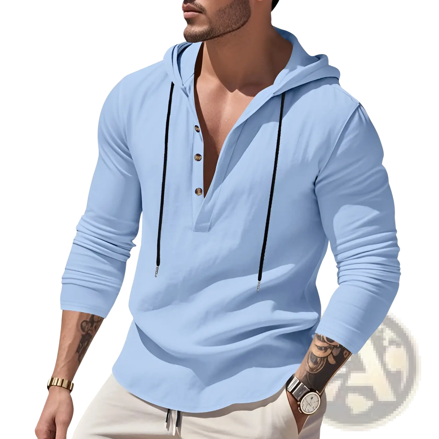 Men's Relaxed Linen Henley Hoodie with Gold Buttons