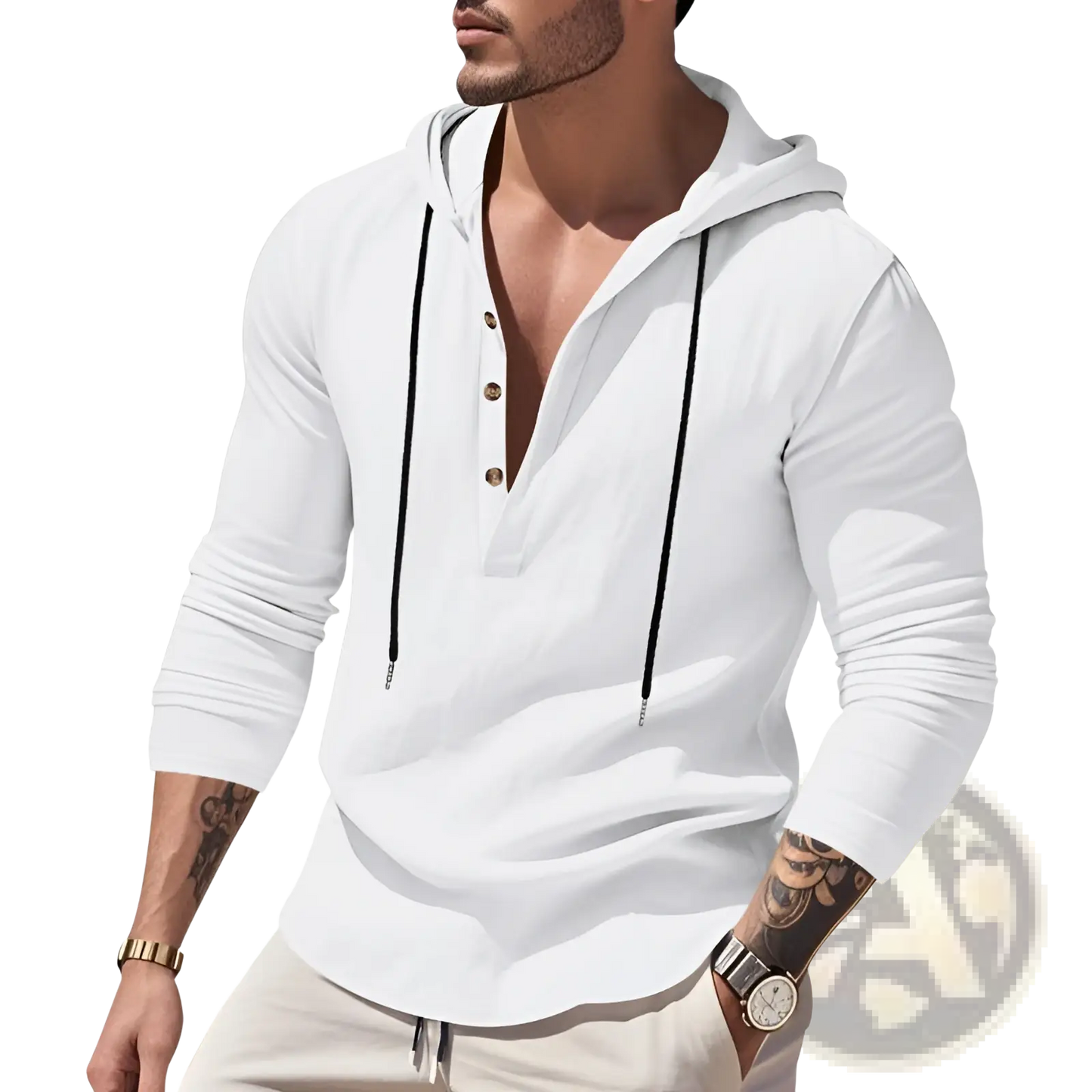 Men's Relaxed Linen Henley Hoodie with Gold Buttons