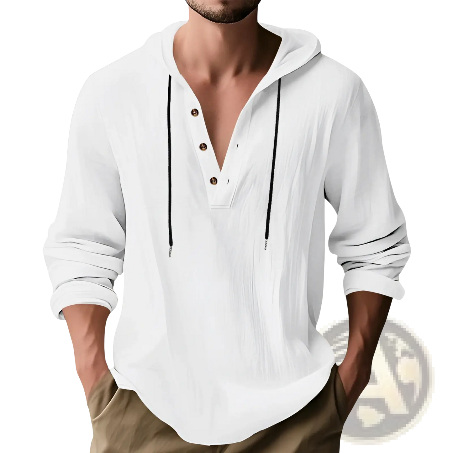 Men's Relaxed Linen Henley Hoodie with Gold Buttons