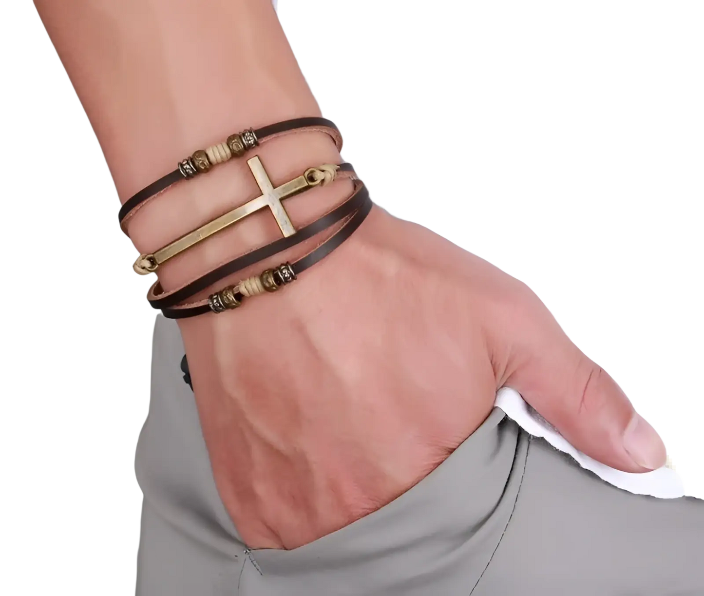 Men's Retro Layered Brown Leather Cross Bracelet