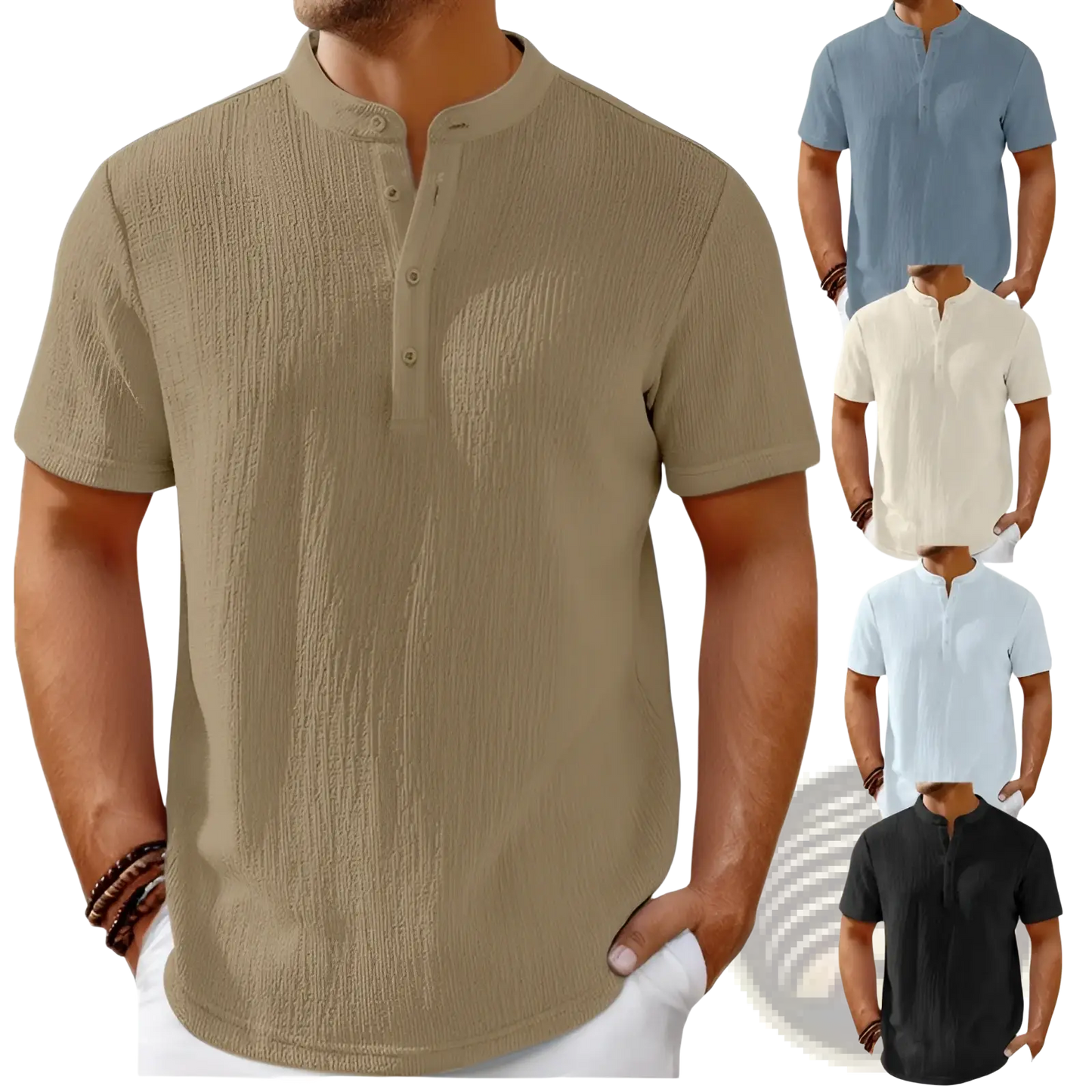 Men's Retro Textured Cotton Linen Henley Shirt