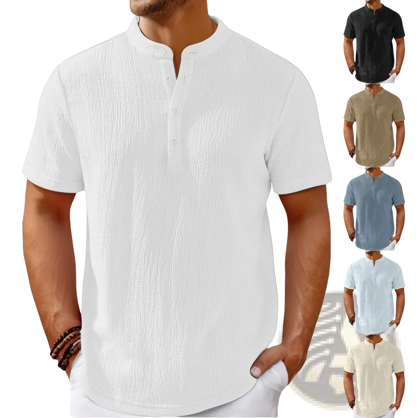 Men's Retro Textured Cotton Linen Henley Shirt