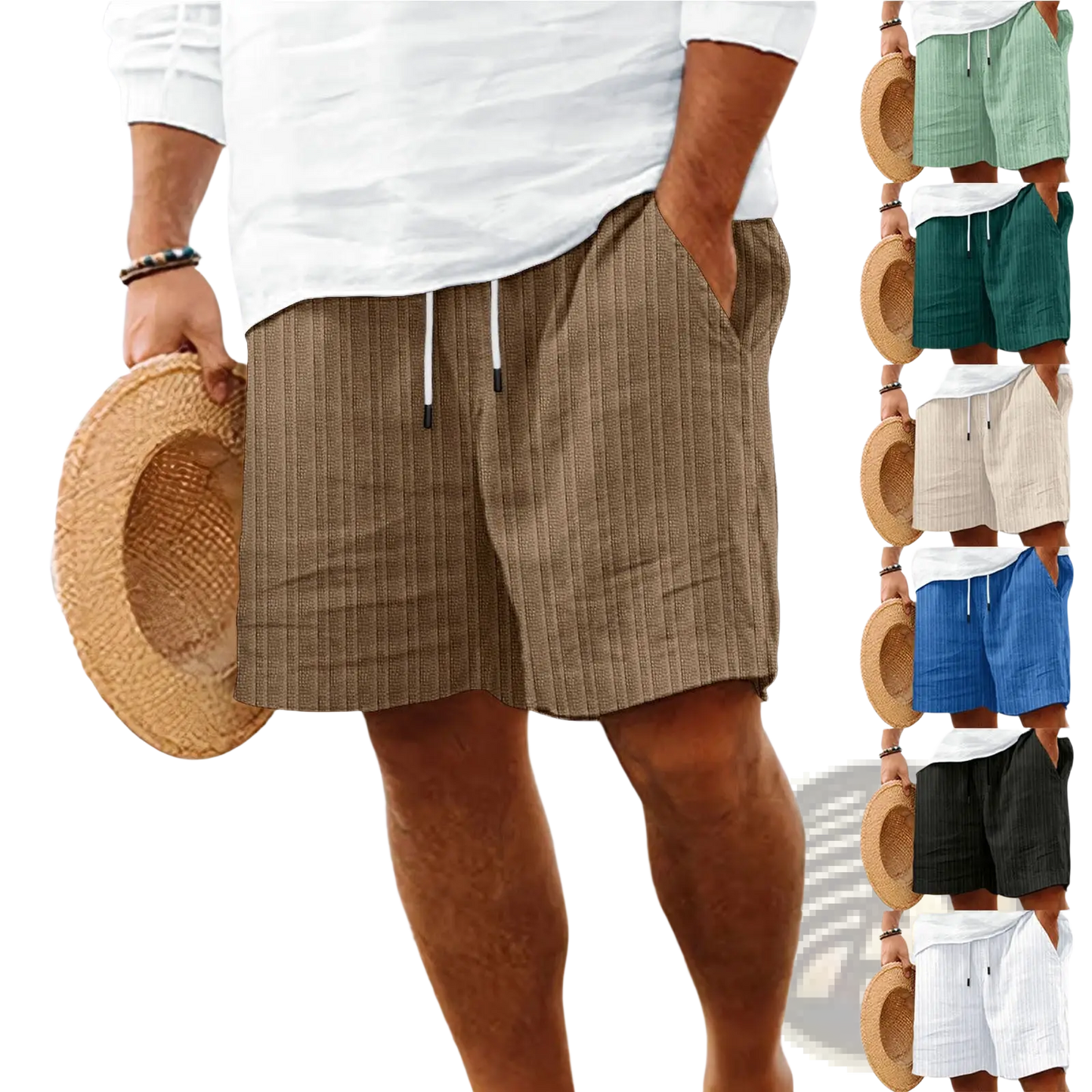 Men's Ribbed Bamboo Linen Summer Drawstring Shorts
