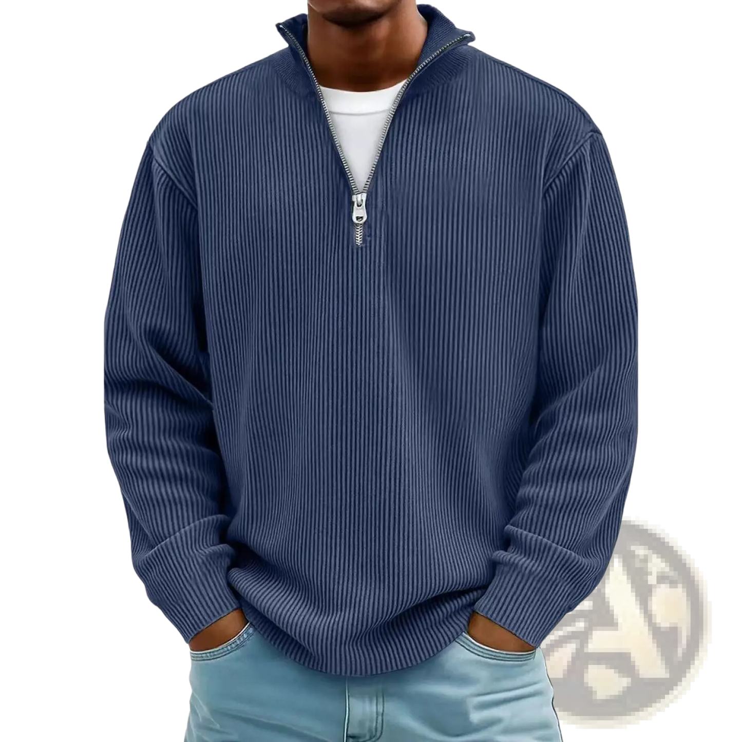 Men's Ribbed Knit Half Zip Corduroy Polo Sweatshirt