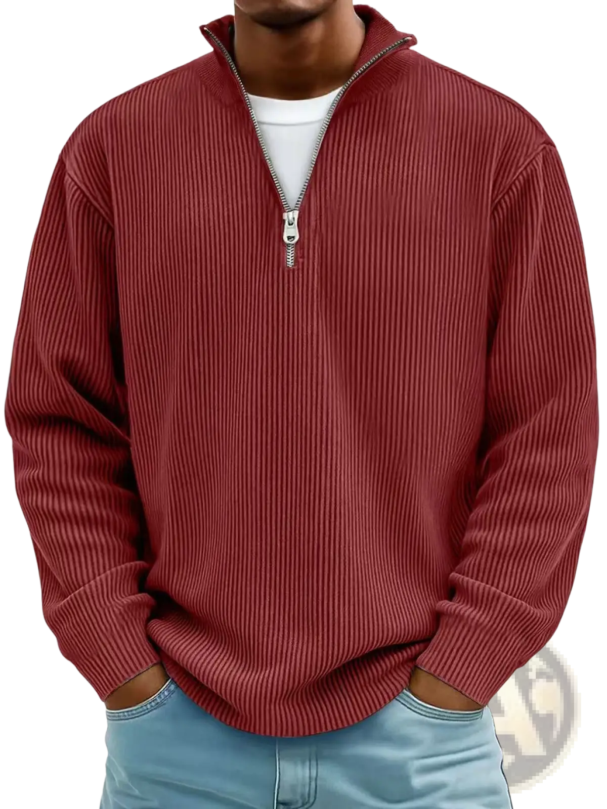 Men's Ribbed Knit Half Zip Corduroy Polo Sweatshirt