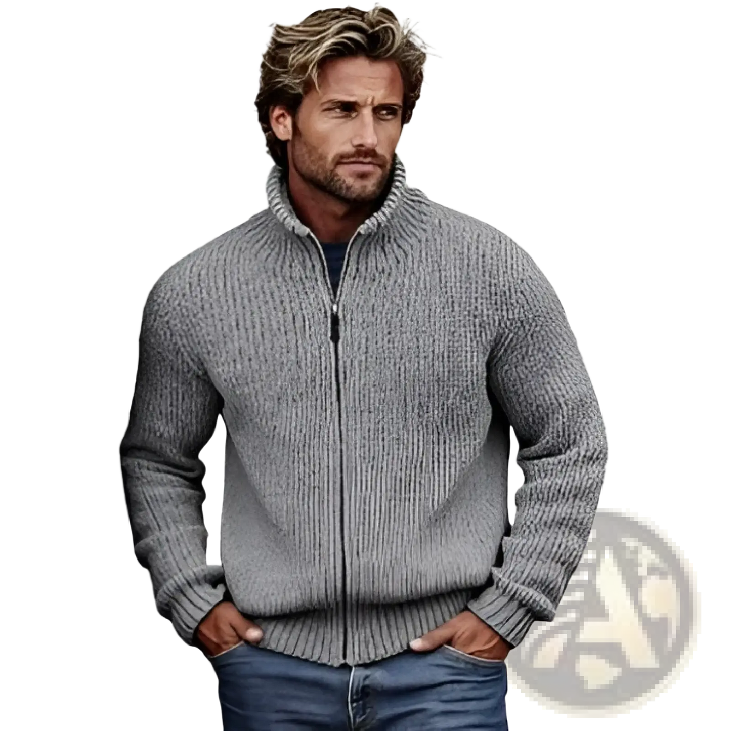 Men's Ribbed Knit High Collar Zip Up Sweater