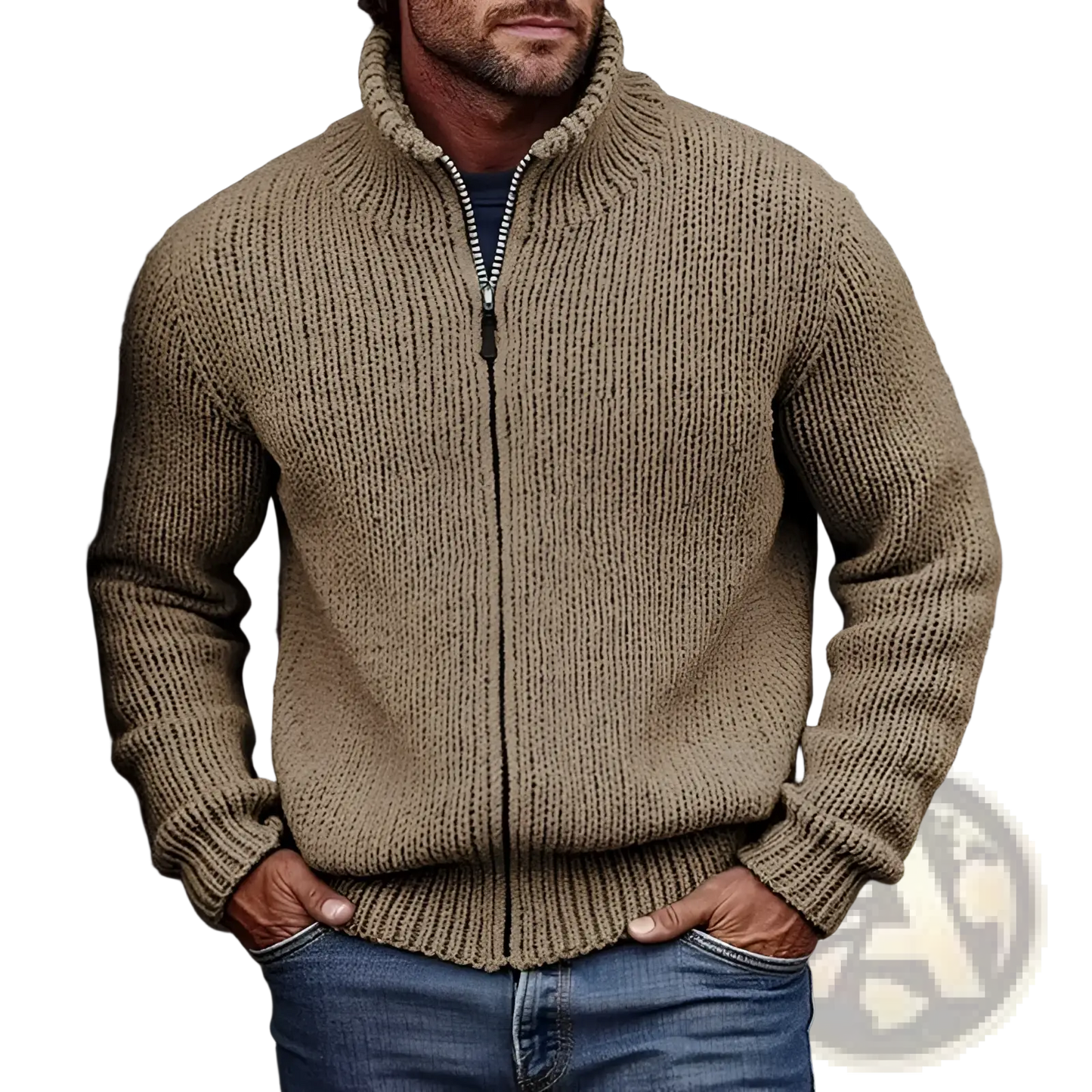 Men's Ribbed Knit High Collar Zip Up Sweater