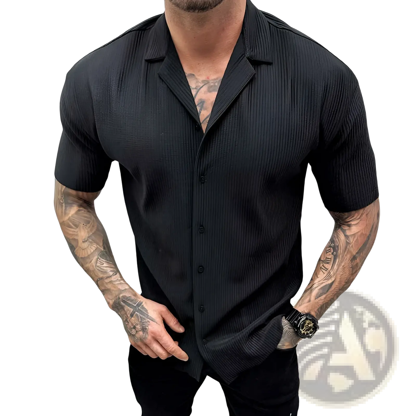 Men's Ribbed Knit Short Sleeve Button Up Shirt