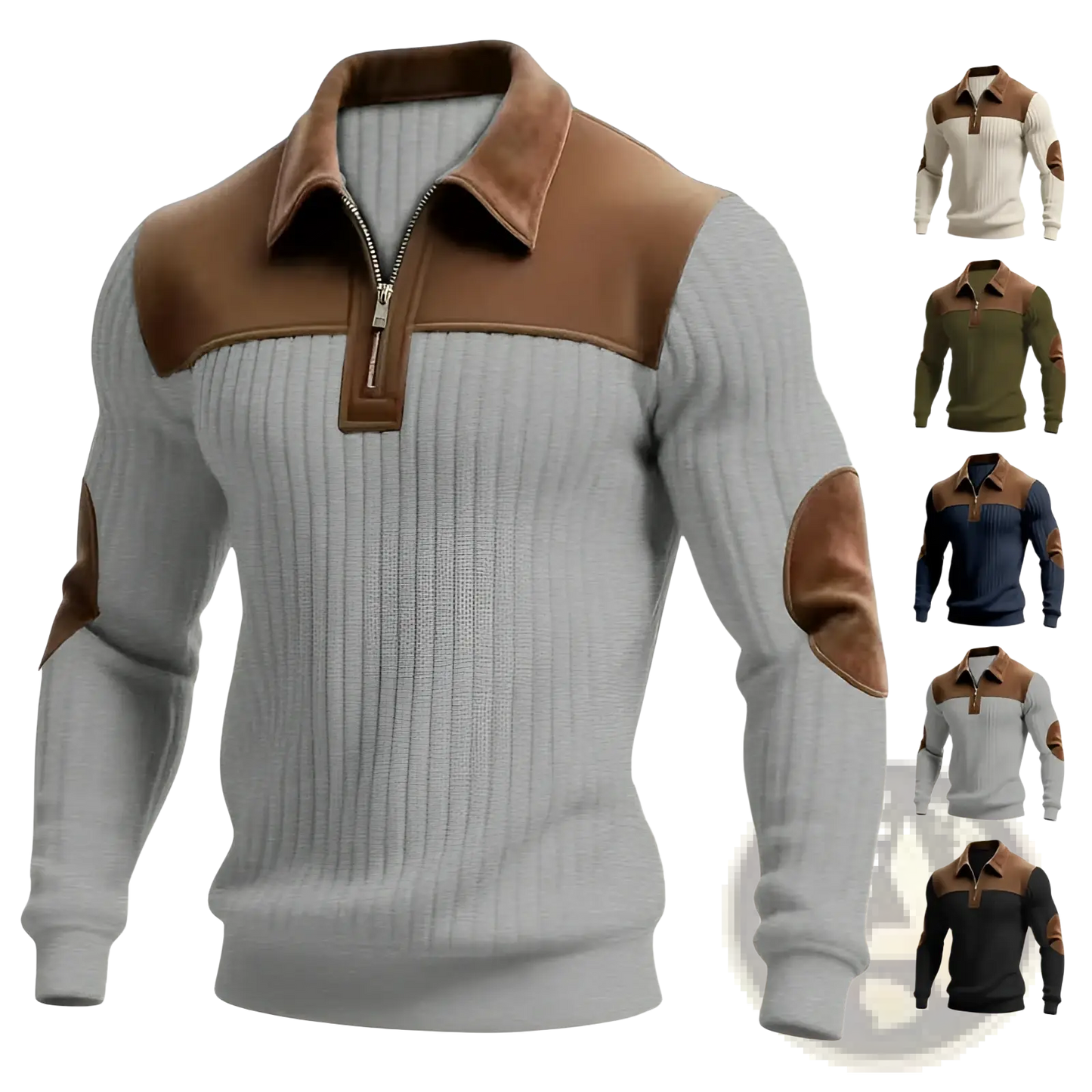 Men's Ribbed Patchwork Half Zip Knit Sweater