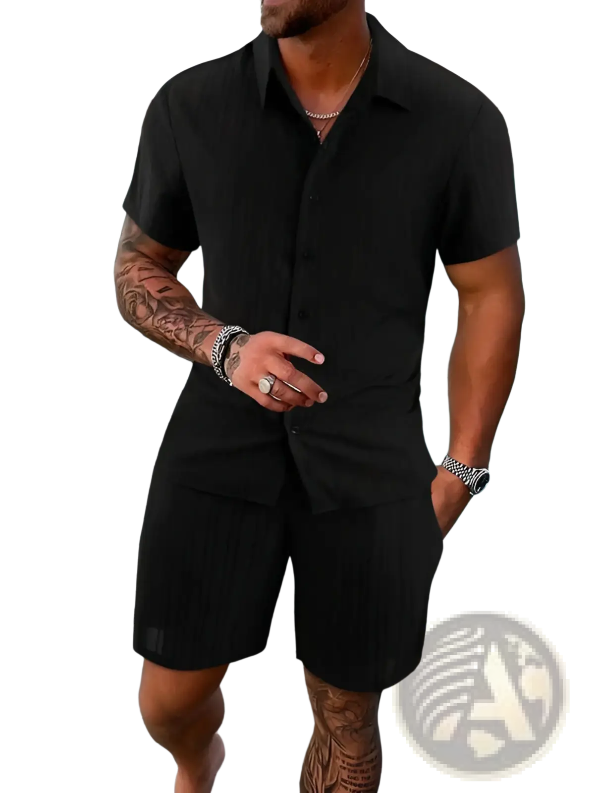 Men's Ribbed Short Sleeve Shirt and Shorts Beach Set