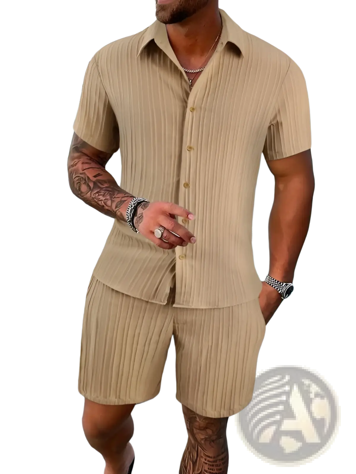 Men's Ribbed Short Sleeve Shirt and Shorts Beach Set