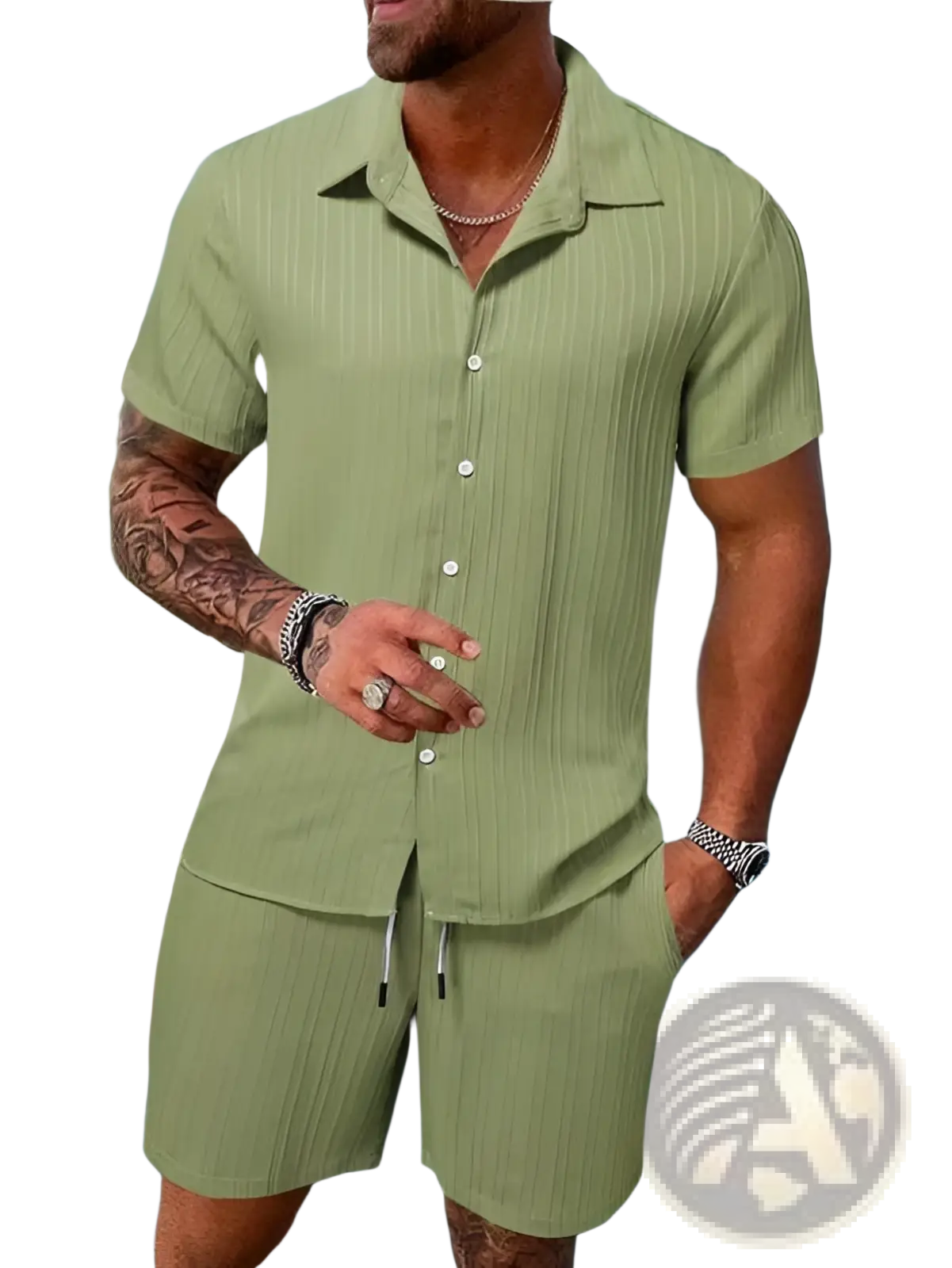 Men's Ribbed Short Sleeve Shirt and Shorts Beach Set