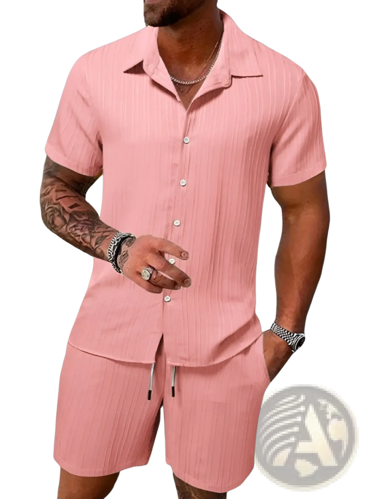 Men's Ribbed Short Sleeve Shirt and Shorts Beach Set
