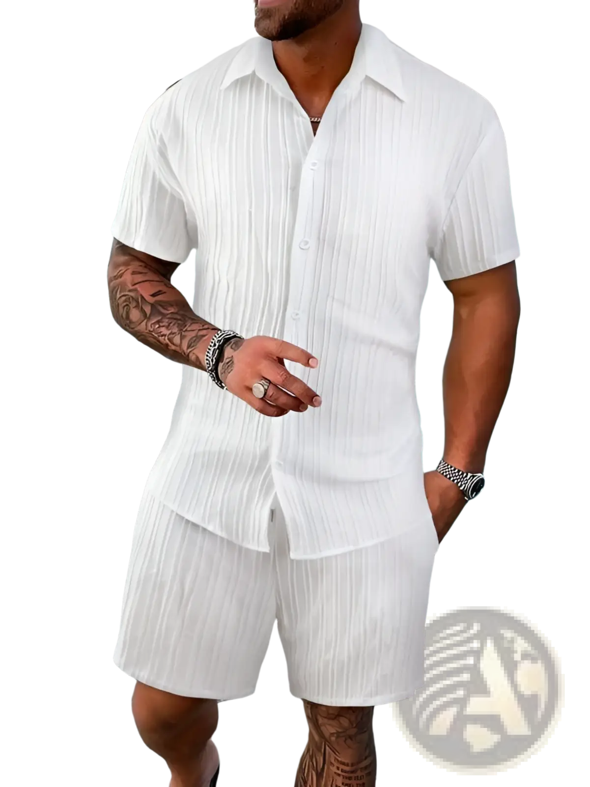 Men's Ribbed Short Sleeve Shirt and Shorts Beach Set