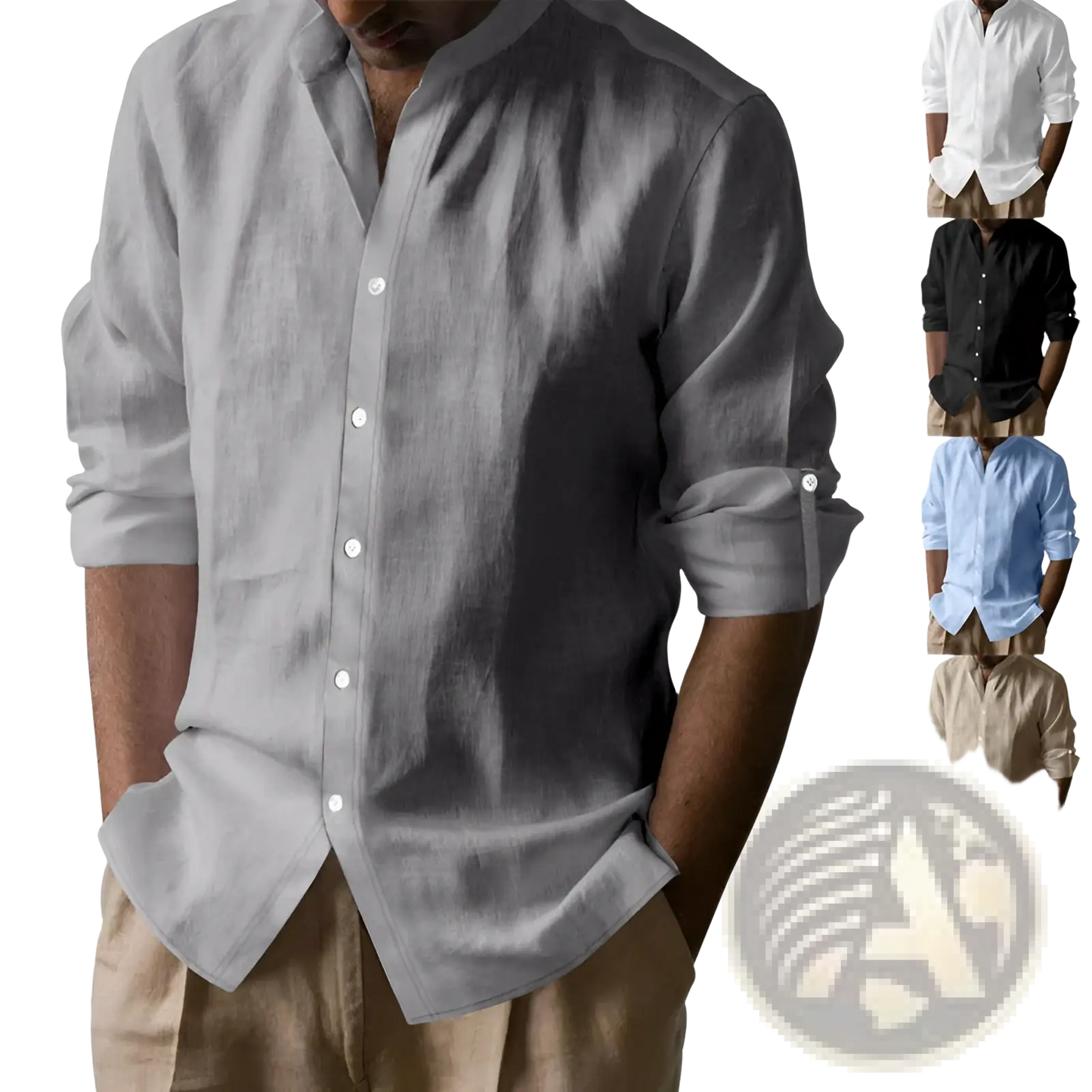 Men's Slim Fit Linen Blend Stand Collar Long Sleeve Shirt