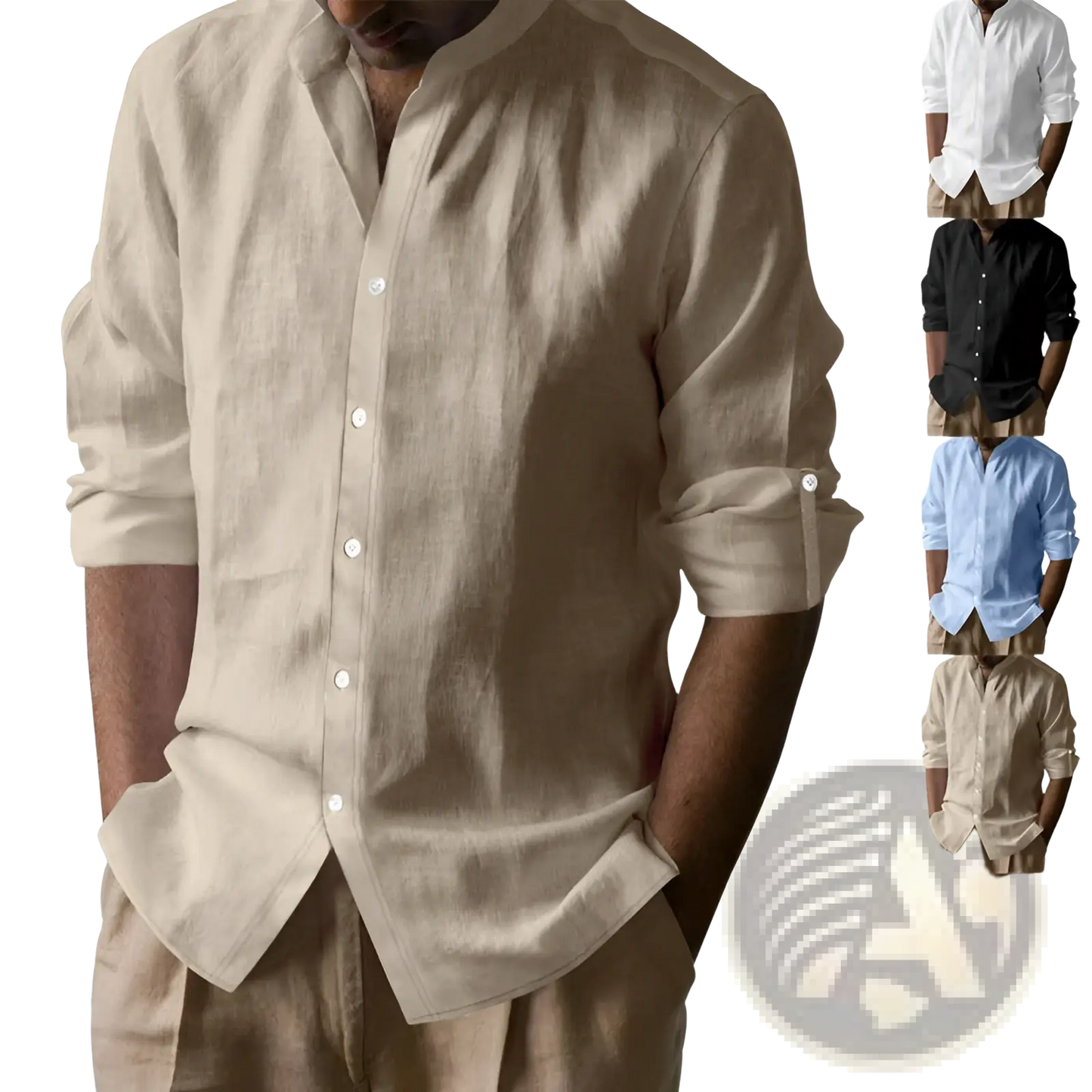 Men's Slim Fit Linen Blend Stand Collar Long Sleeve Shirt