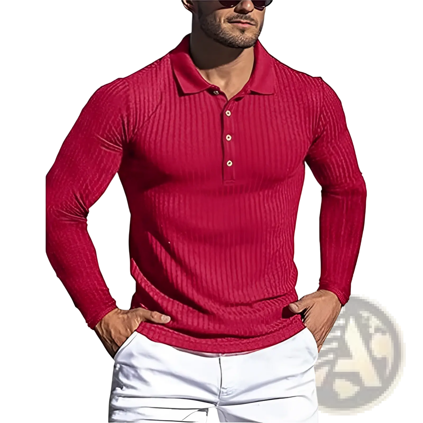 Men's Slim Fit Ribbed Knit Long Sleeve Polo Shirt