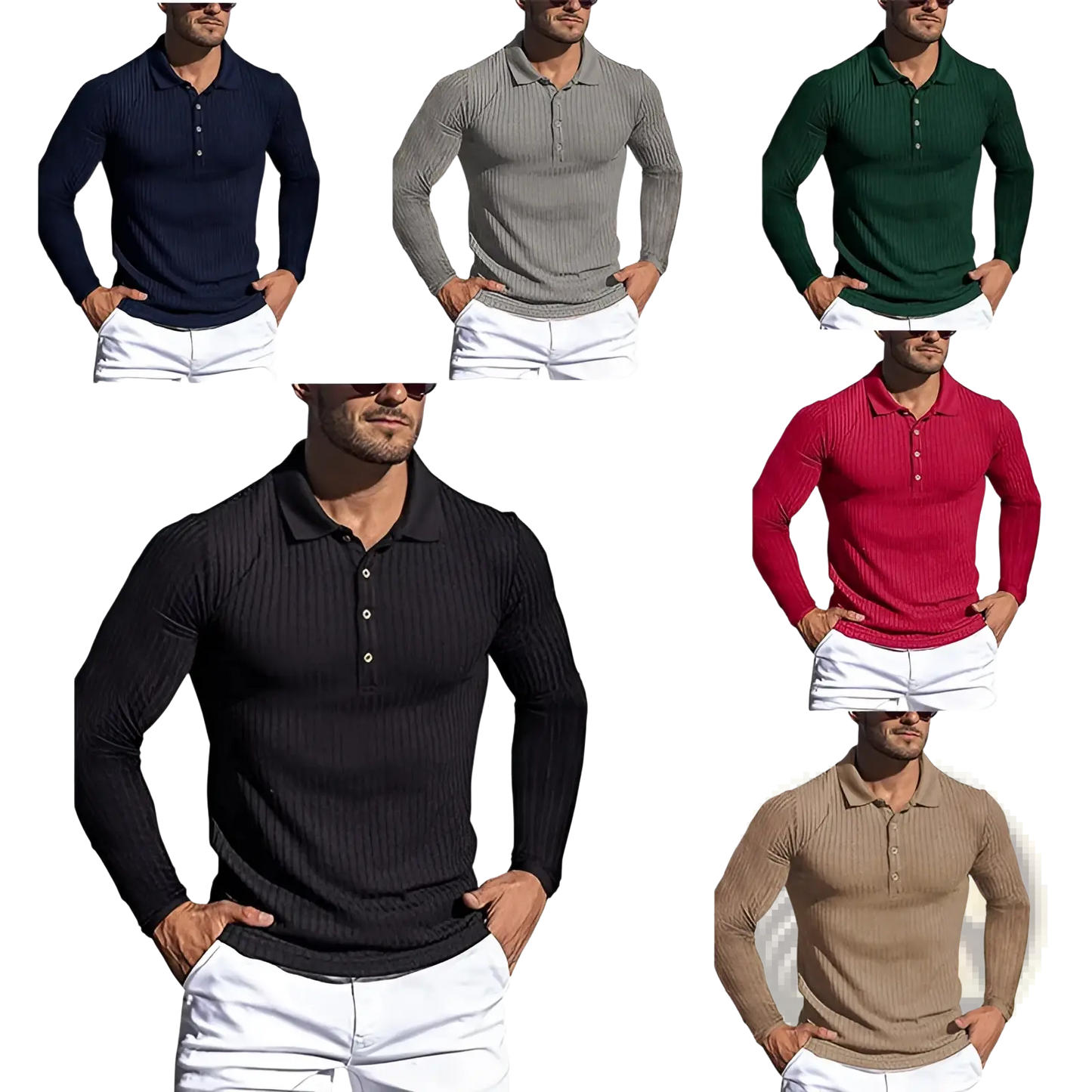 Men's Slim Fit Ribbed Knit Long Sleeve Polo Shirt