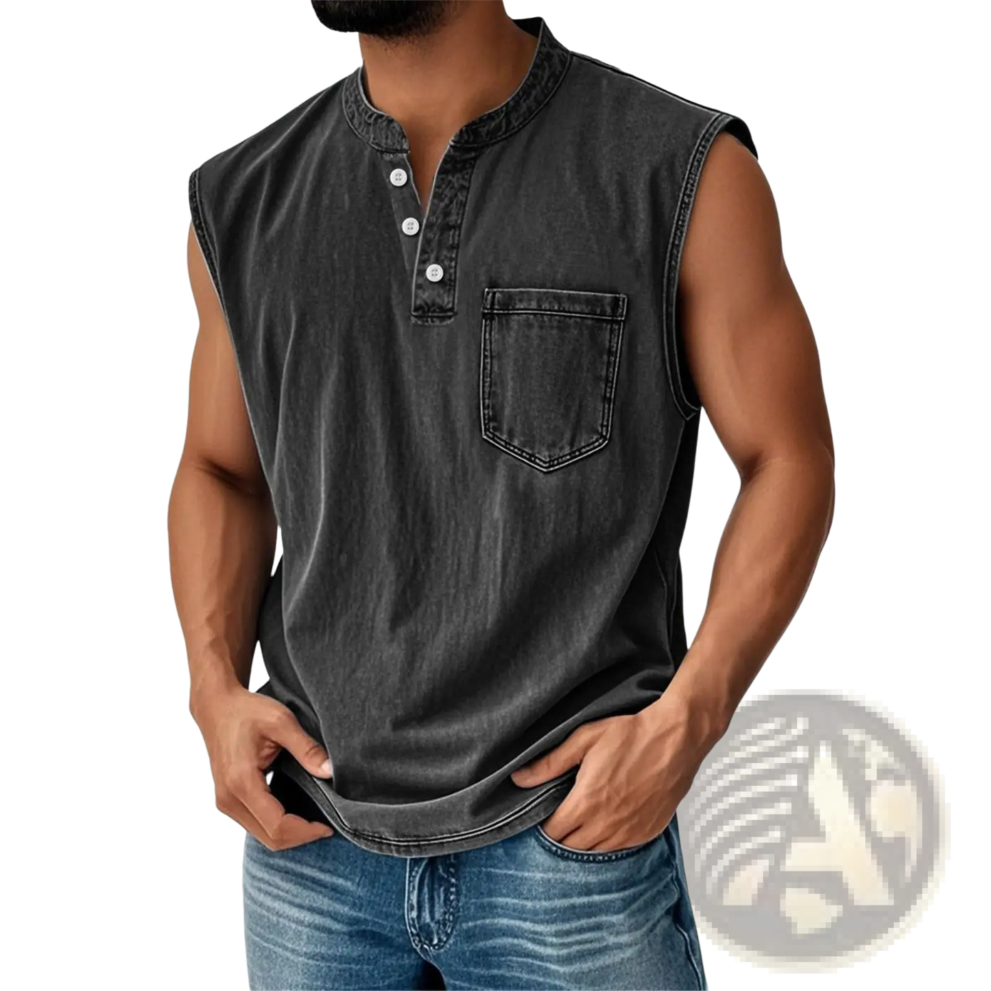 Men's Slim Fit Sleeveless Denim Henley Shirt