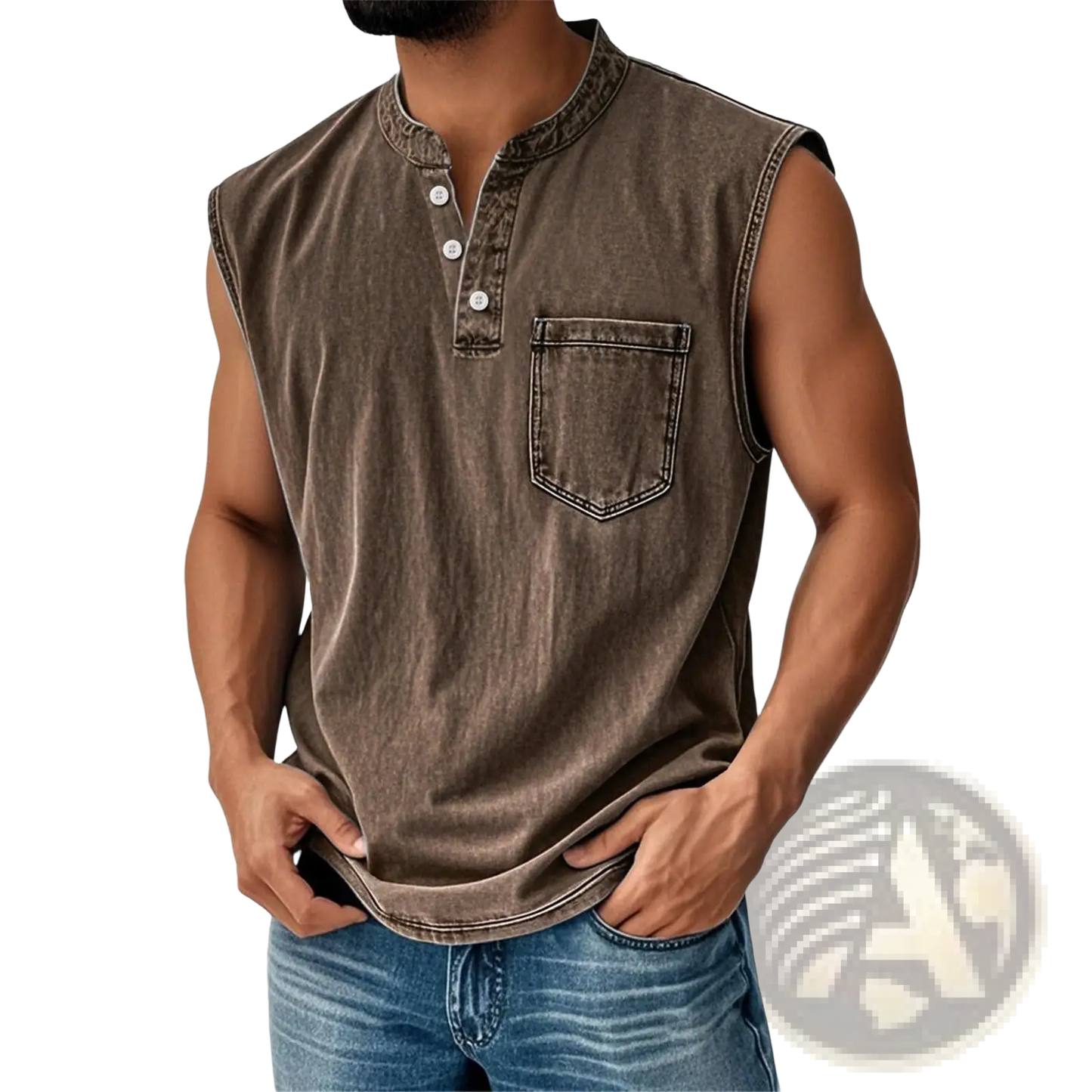 Men's Slim Fit Sleeveless Denim Henley Shirt