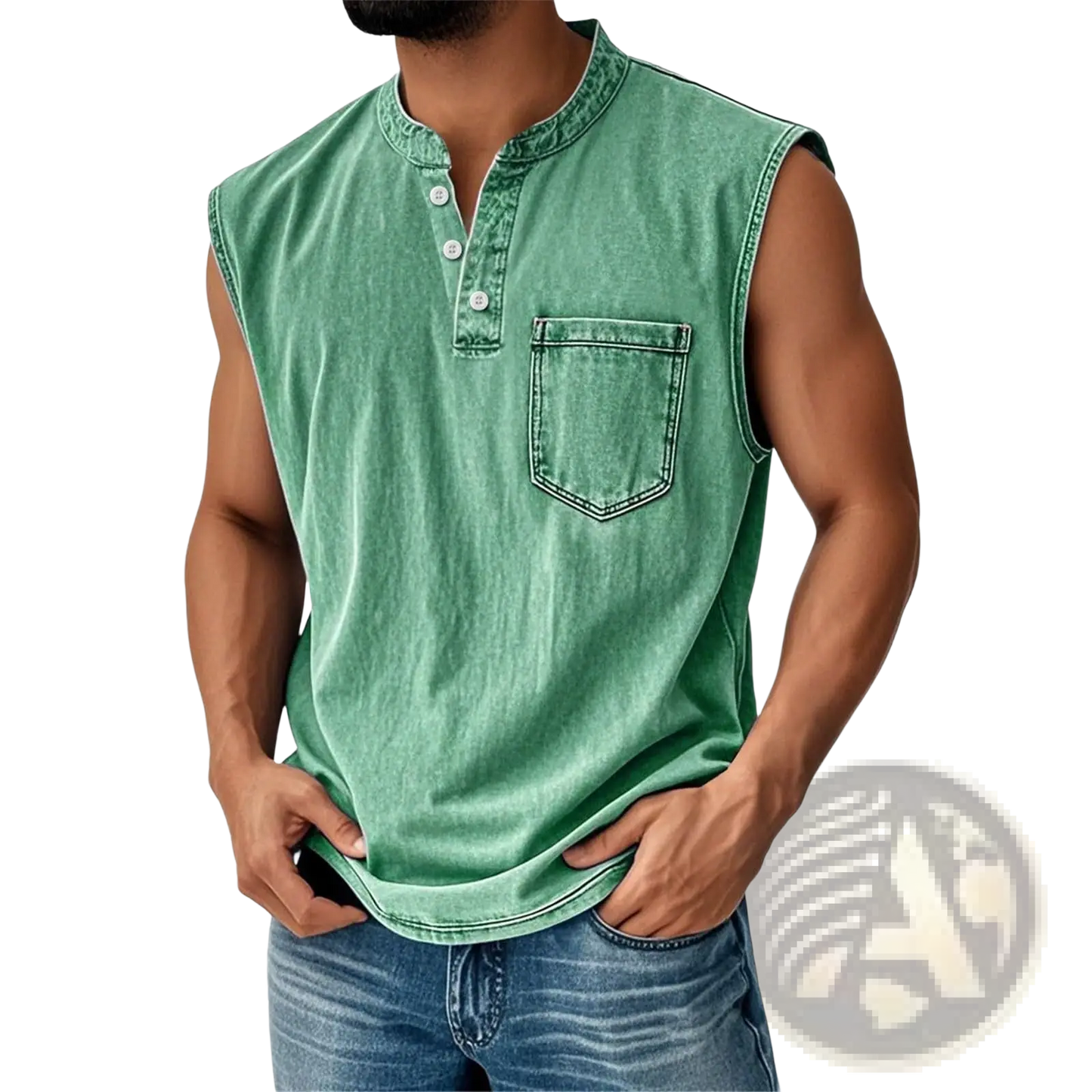 Men's Slim Fit Sleeveless Denim Henley Shirt