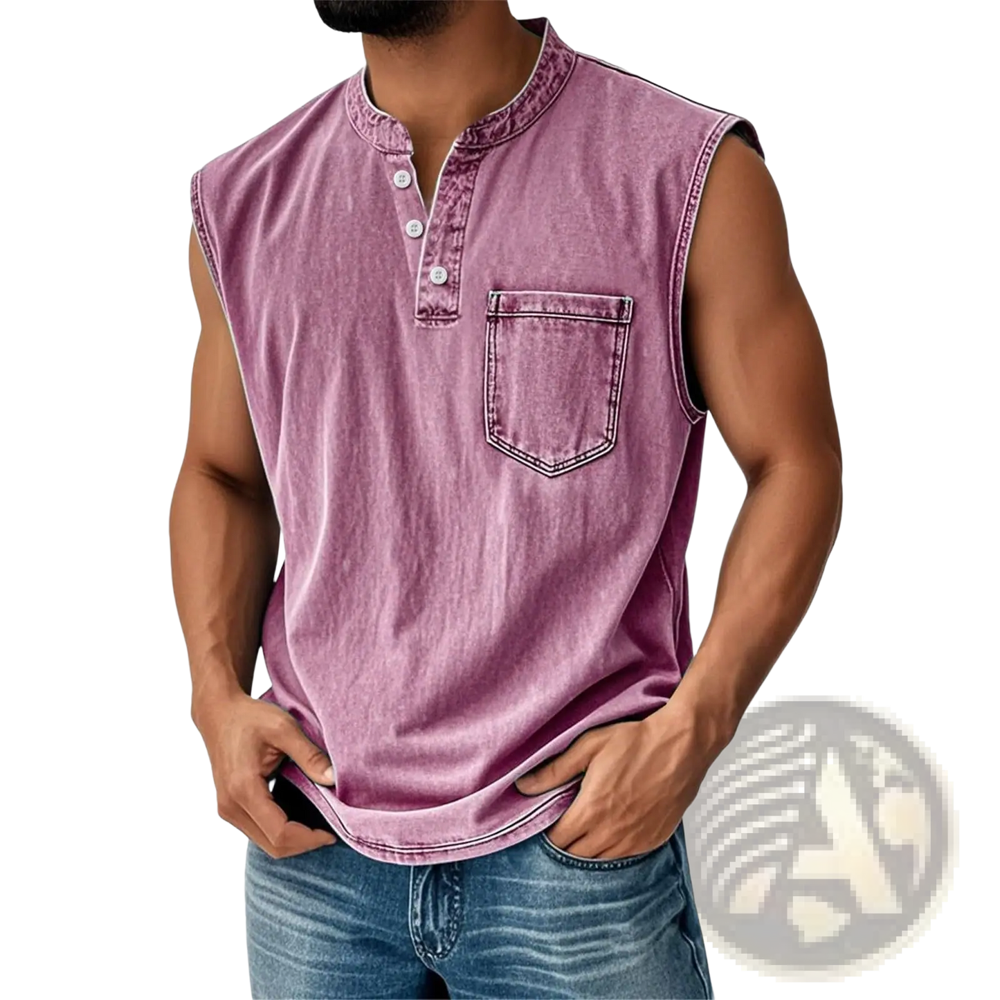 Men's Slim Fit Sleeveless Denim Henley Shirt