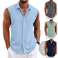 Men's Slim Fit Textured Sleeveless Linen Blend Beach Shirt